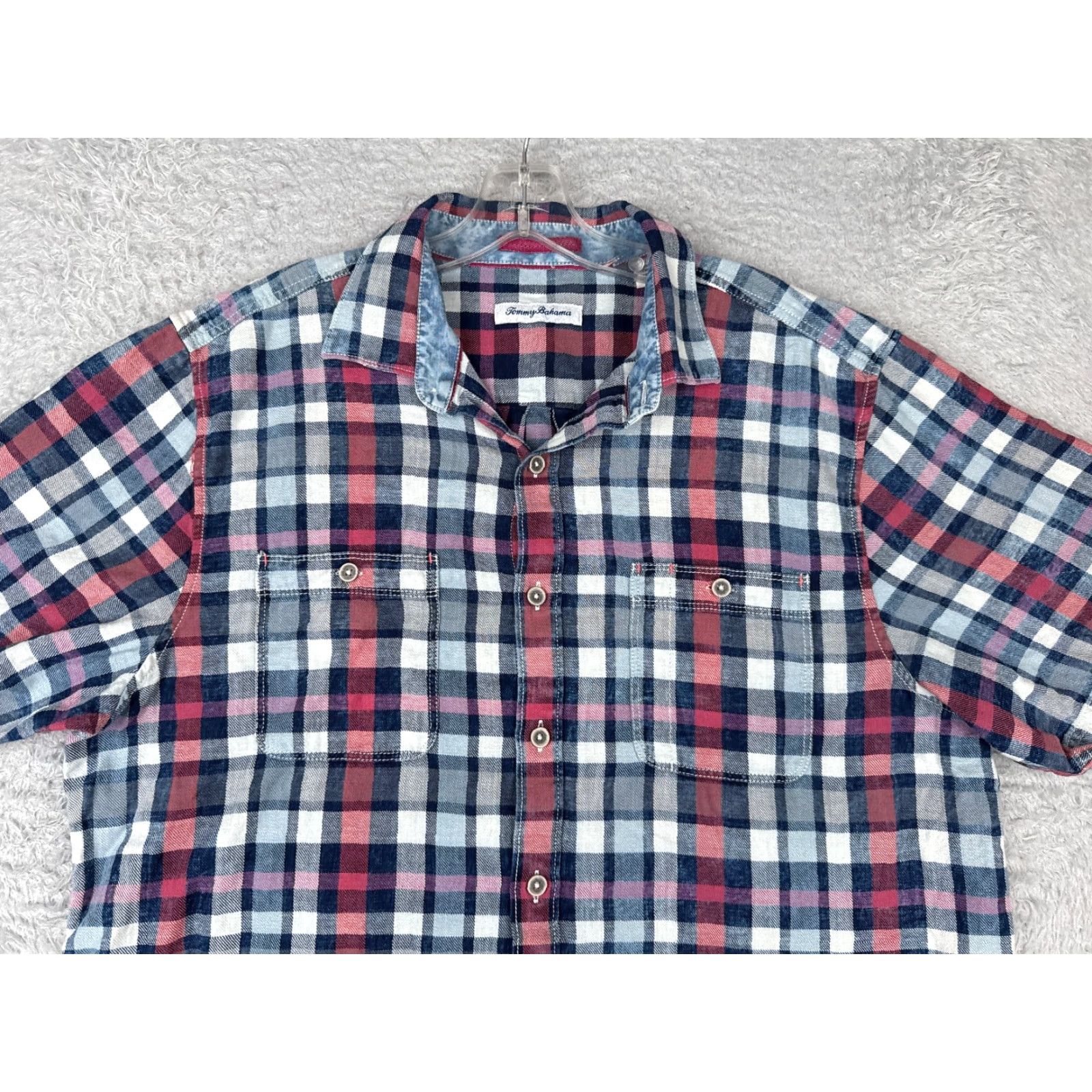 Tommy Bahama Tommy Bahama Shirt Men Large Blue Red Plaid Short Sleeve 100% Cotton Button Up Casual Shirt Mens Vacation Beach Hawaiian Aloha Resort Size US L / EU 52-54 / 3 - 4 Thumbnail