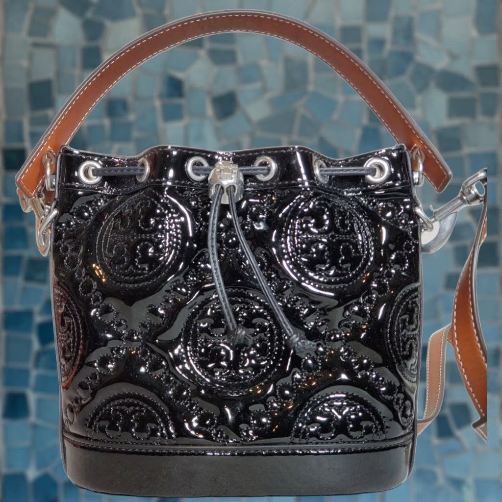 Tory Burch Tory Burch Bag Bucket Bag Crossbody Small Black Monogram Embroidered Patent Leather Size ONE SIZE - 1 Thumbnail