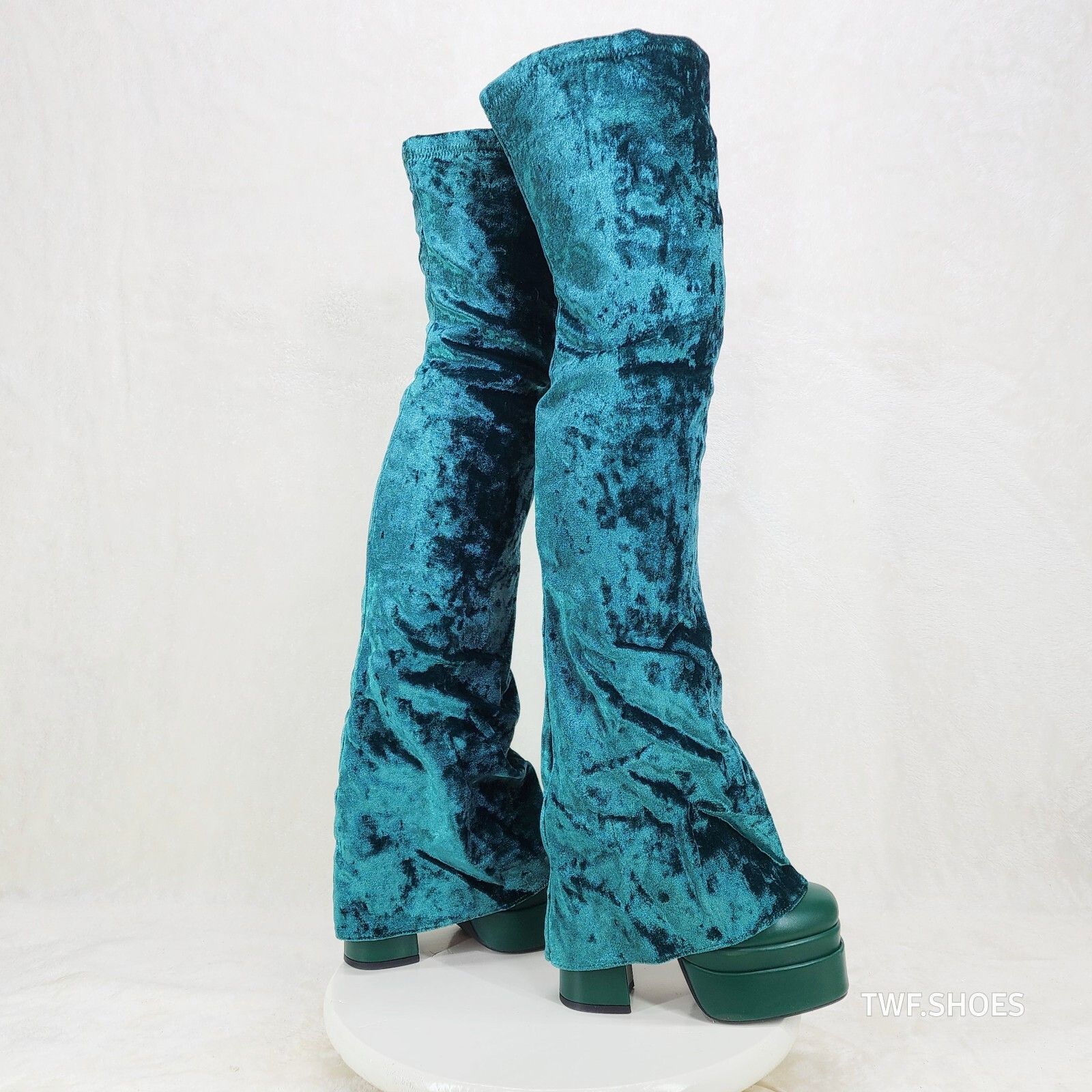 Other Unique Thigh High Green Velvet Fold over Skirted Chunky Heel Size US 8 / IT 38 - 2 Thumbnail