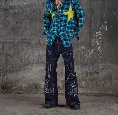 VIBE Street punk detachable patchwork washed Harajuku style jeans Size US 32 / EU 48 - 4 Thumbnail