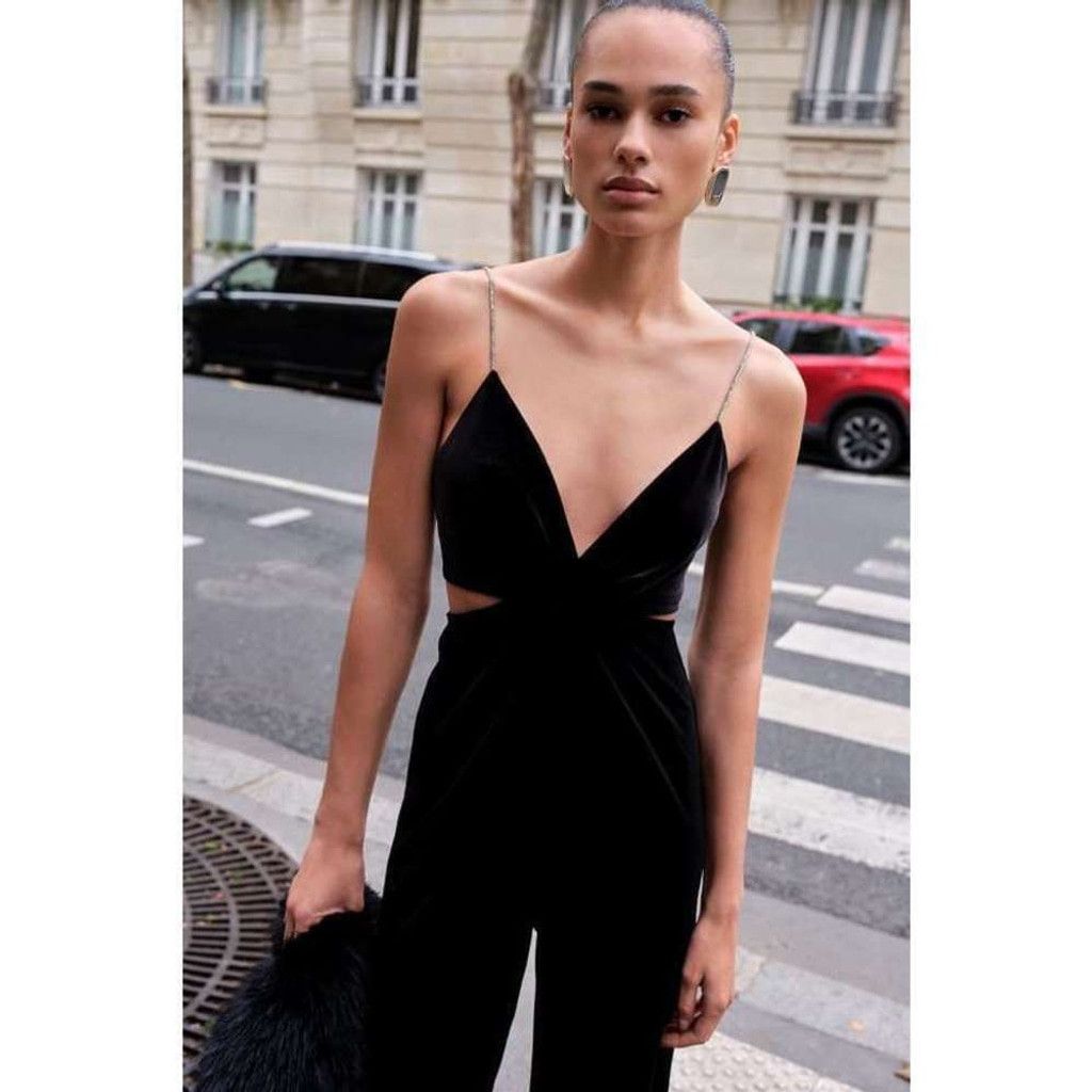 Zara 🖤 Zara Rhinestone Strap Velvet Jumpsuit Size L / US 10 / IT 46 - 4 Thumbnail