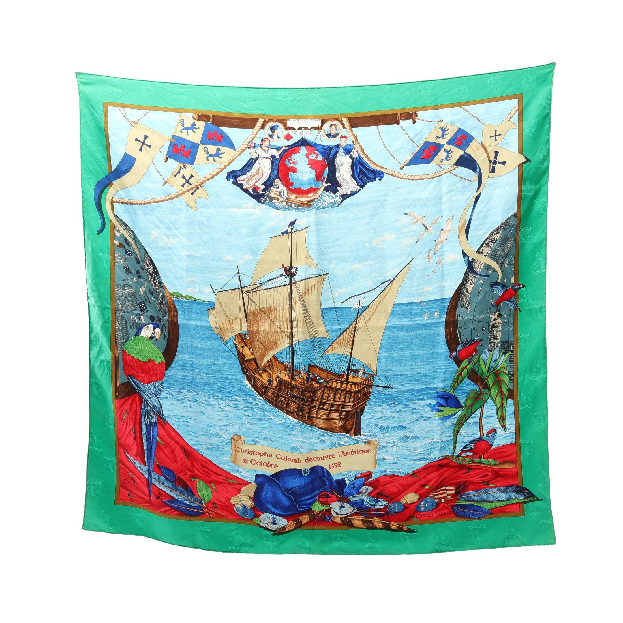 Hermes Hermes Carres 90 Christophe Colomb Decouvre One Amerique 12 Octobre 1492 Scarf Silk Green Multicolor Size ONE SIZE - 1 Thumbnail