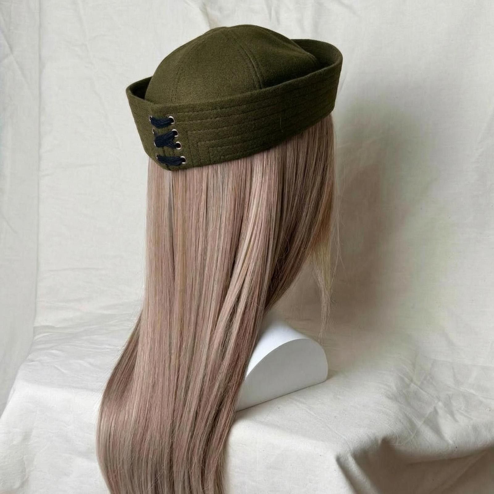 Japanese Brand Olive Green Wool Eyelet Beret Sailor Hat Y2K French Girl Size ONE SIZE - 2 Thumbnail