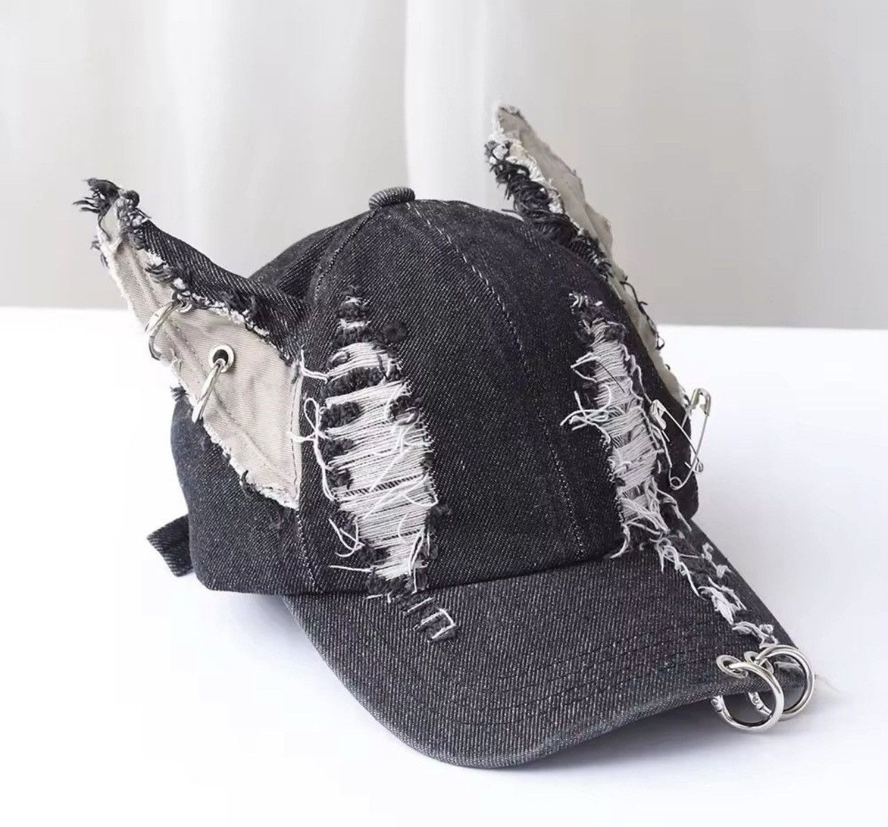 Japanese Brand Rabbit Ears Metal Ring Ripped Denim Baseball Cap Size ONE SIZE - 4 Thumbnail