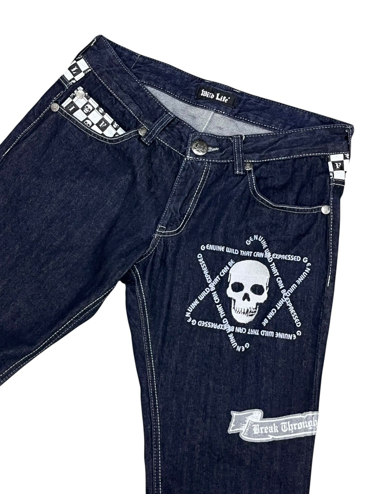 Japanese Brand FYE🔥WILD LIFE Punk Skull Embroidered Punk Denim L 31” Size US 31 - 1 Thumbnail