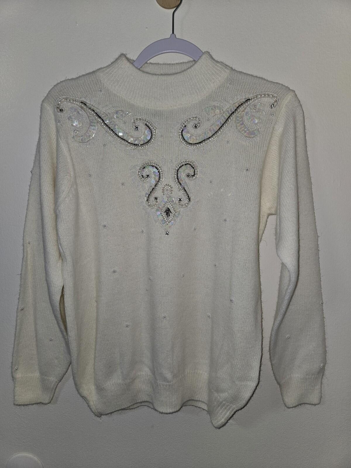 Other Vintage Alfred Dunner Cream Beaded Sweater Petite Small Size S / US 4 / IT 40 - 1 Thumbnail