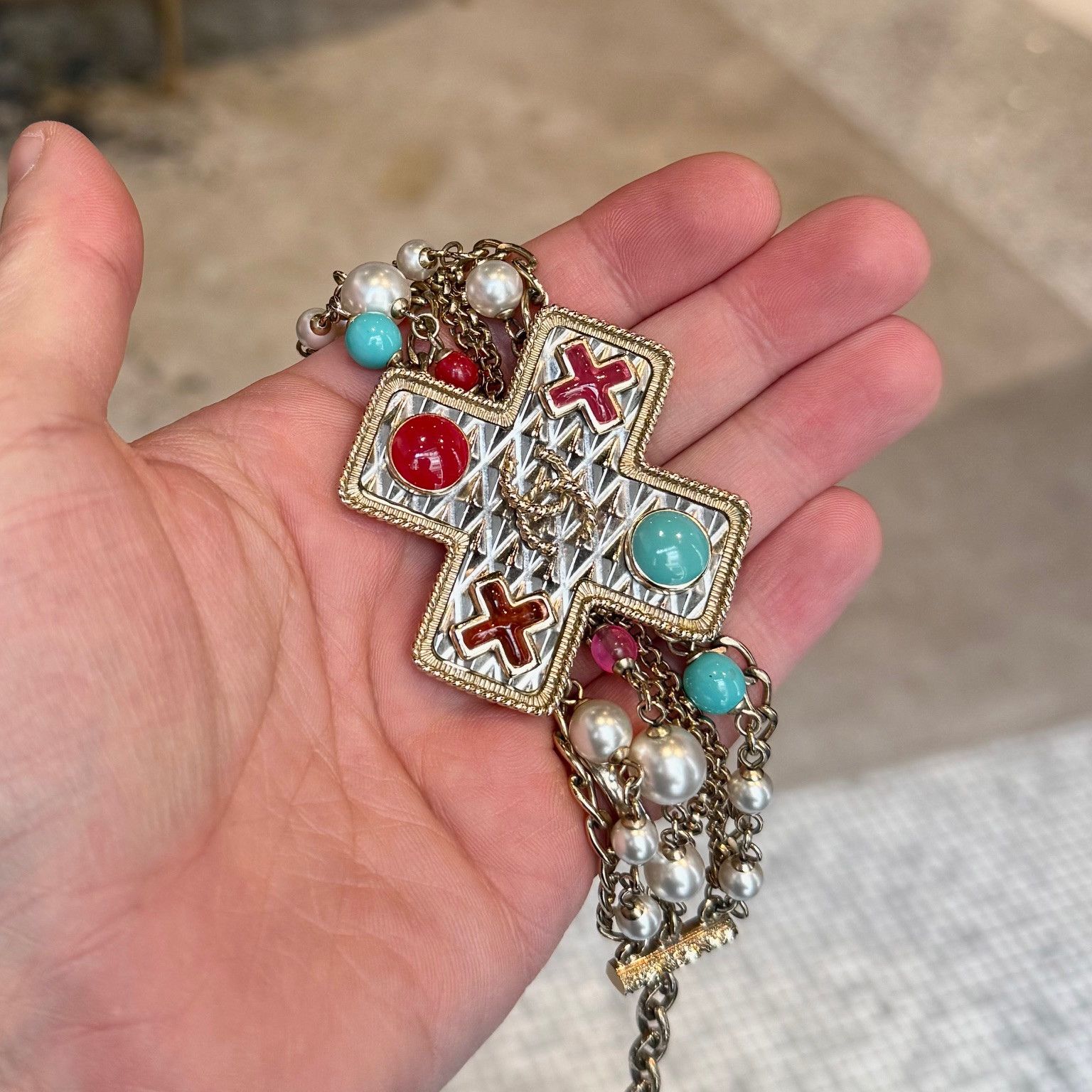 Chanel 2017 Faux Pearl Cross Gripoix CC Multistrand Bracelet
