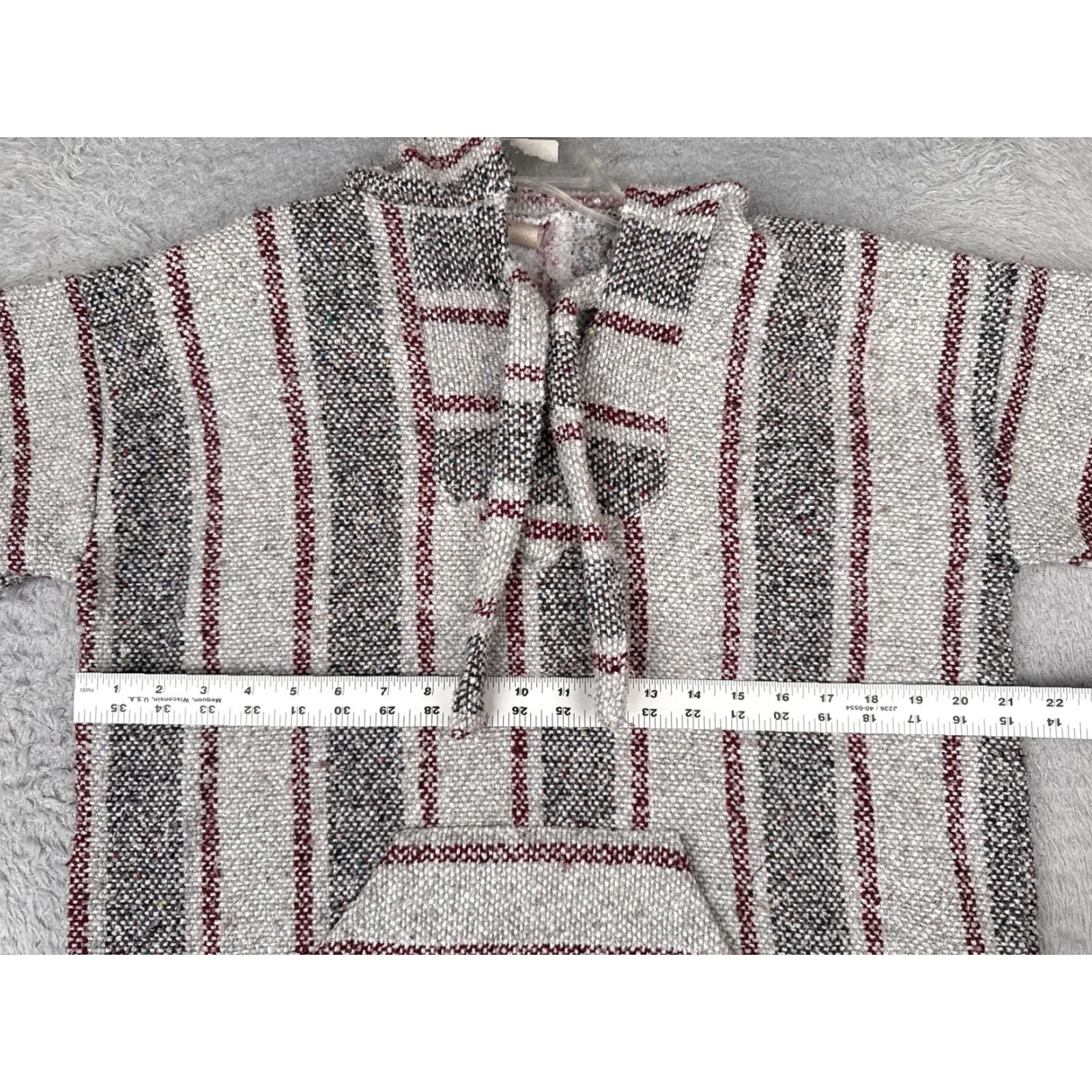 Baja Hoodie Mens Medium Gray Striped Kangaroo Pocket Hippie Drug Rug Poncho