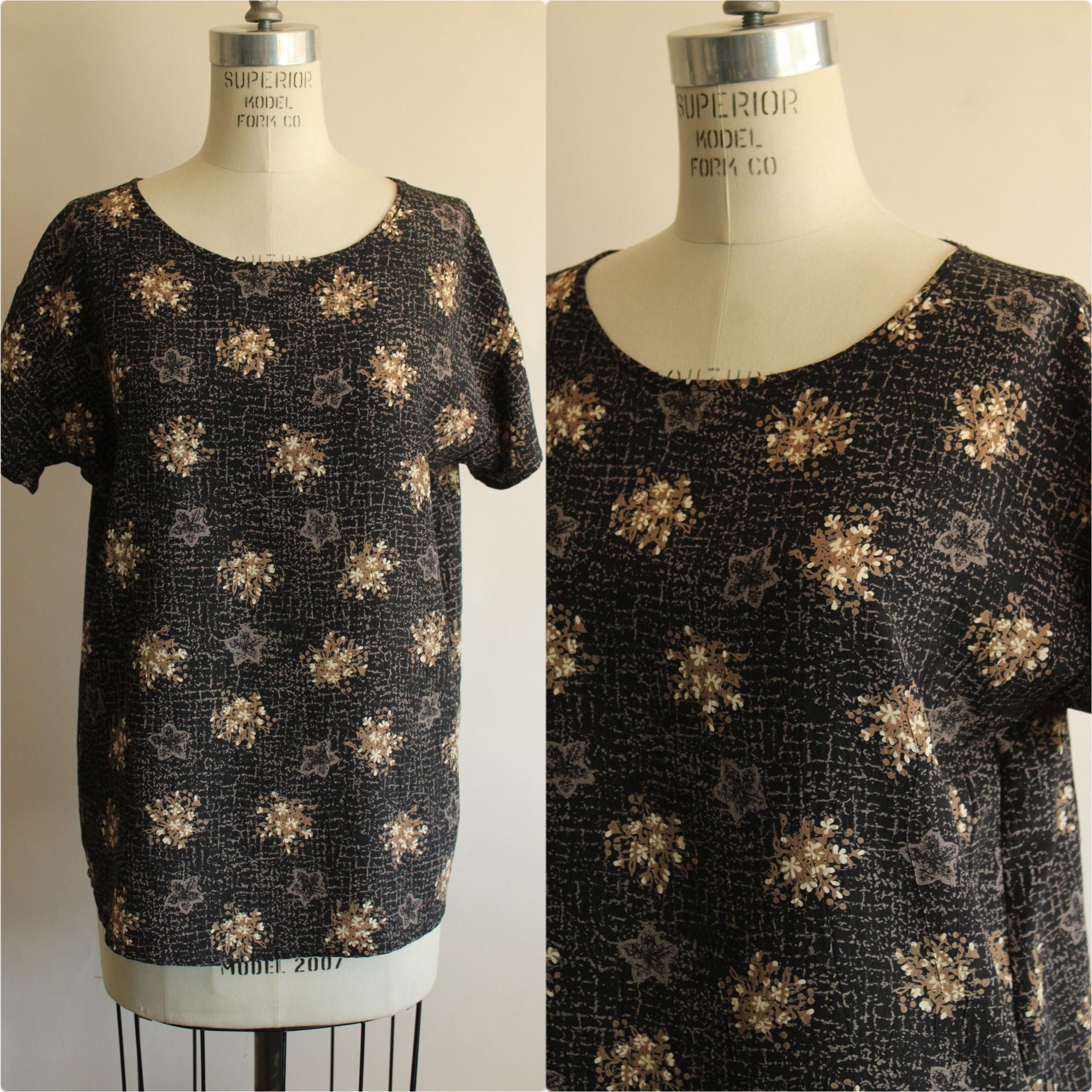 Vintage Vintage 1990s Blouse, Black and Gold and Gray Floral Print, Size M / US 6-8 / IT 42-44 - 6 Thumbnail