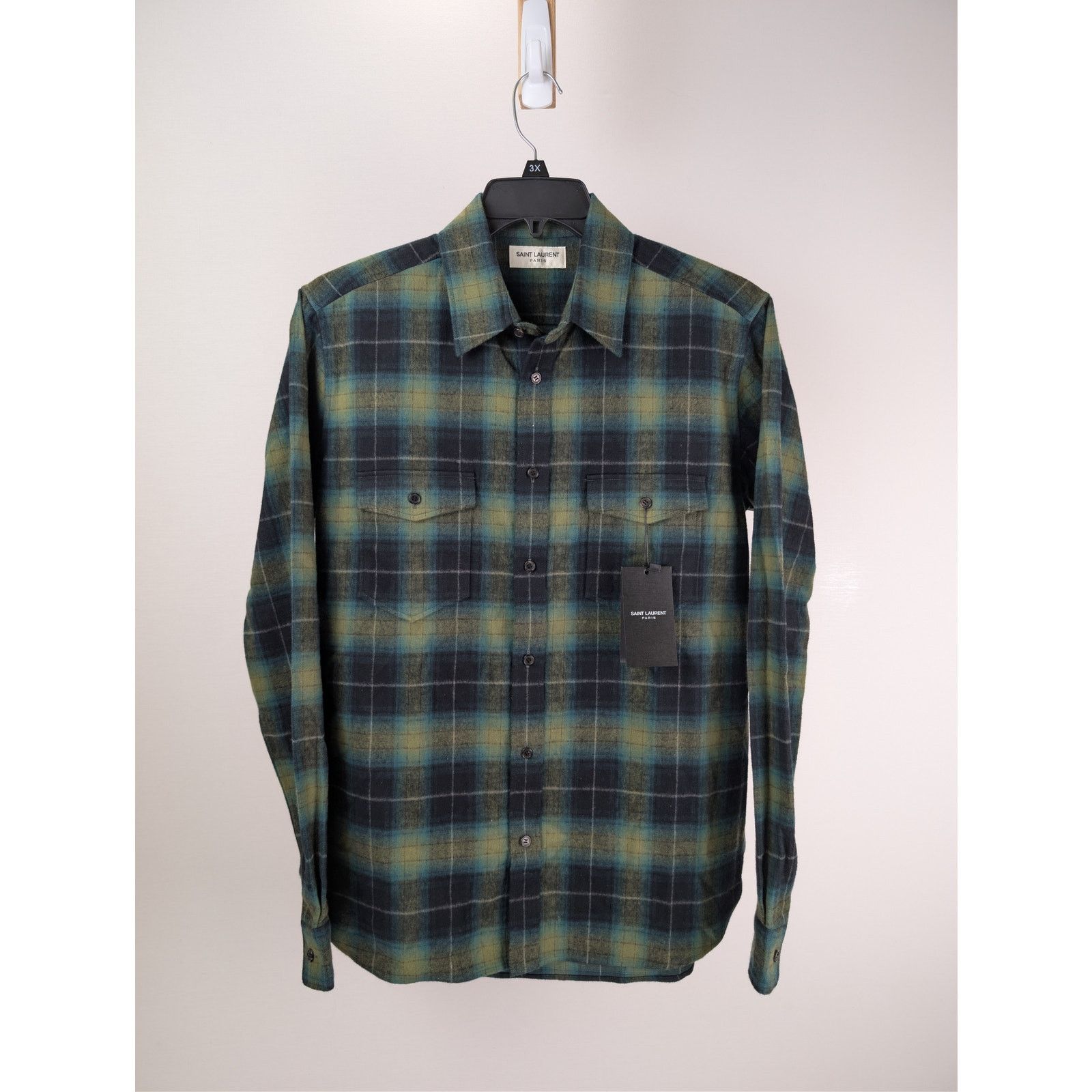 Saint Laurent Paris o1rshd1 Check Print Checked Cotton-Flannel Shirt Black/Green Size US L / EU 52-54 / 3 - 8 Thumbnail