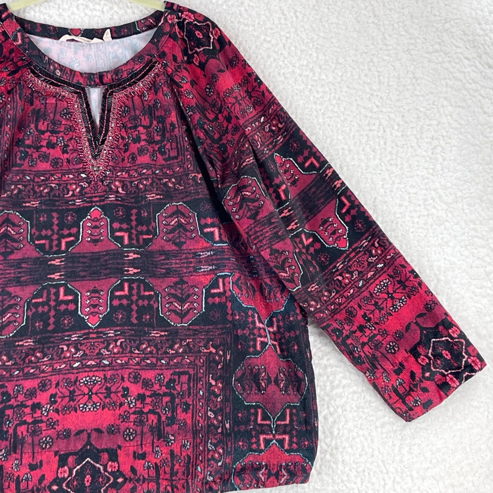 Soft Surroundings Soft Surroundings Tunic Shirt Womens Large Red Geometric Long Sleeve Pullover V-Neck Size L / US 10 / IT 46 - 4 Thumbnail