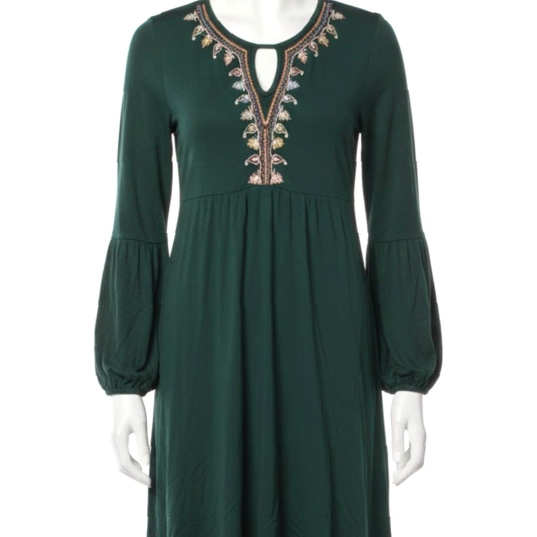 Vintage GNW Dress S Green Embroidered Long Sleeve Midi A-Line Bohemian Boho Casual Womens Size S / US 4 / IT 40 - 2 Thumbnail