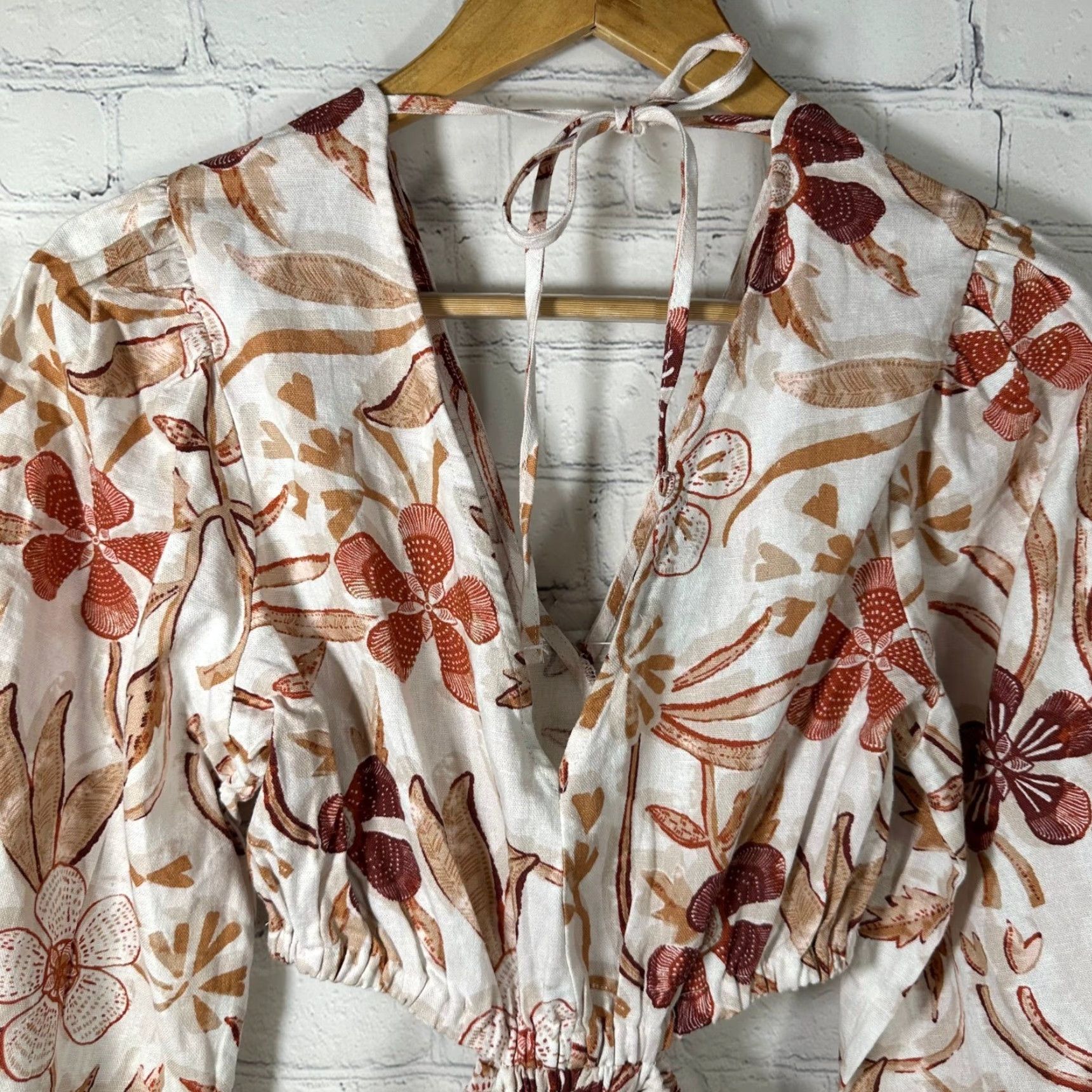 Sam Edelman Sam Edelman Mini Dress Floral Stamp White Sand V-Neck Balloon Sleeve Cut Out Backless Open Back Tie Short Dress S Multicolor Womens Small NWT Size S / US 4 / IT 40 - 7 Thumbnail