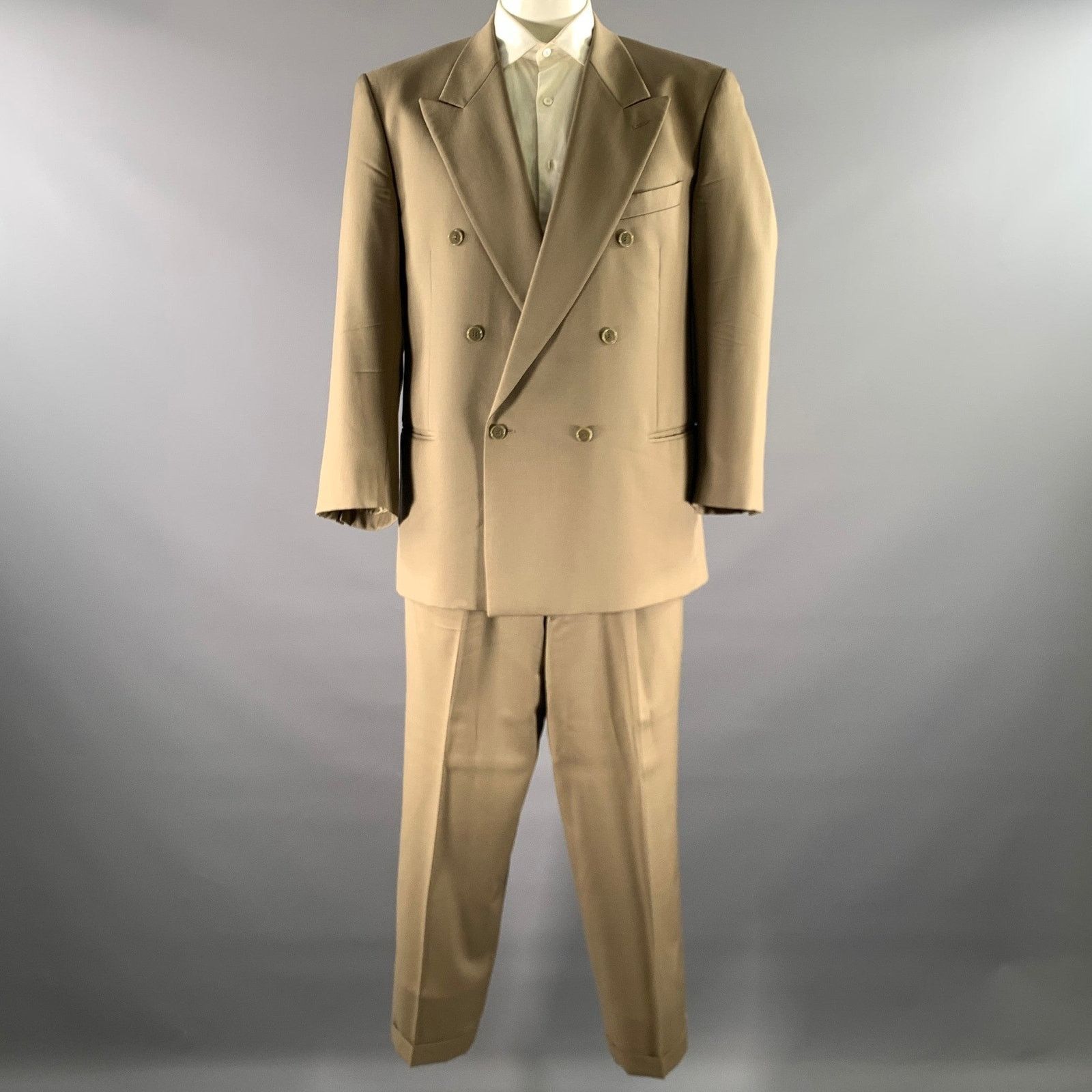 Other MANI Size 44 Khaki Wool Peak Lapel Double Breasted Suit Size 44R - 2 Thumbnail