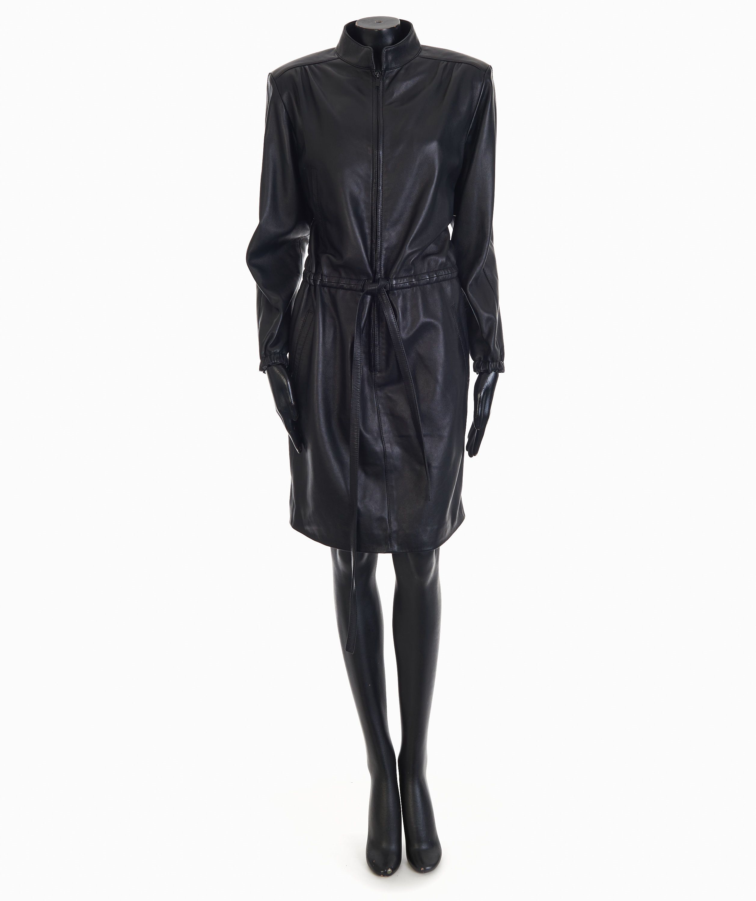 Black Drawstring Zip-Front Leather Shirt Dress Size F42