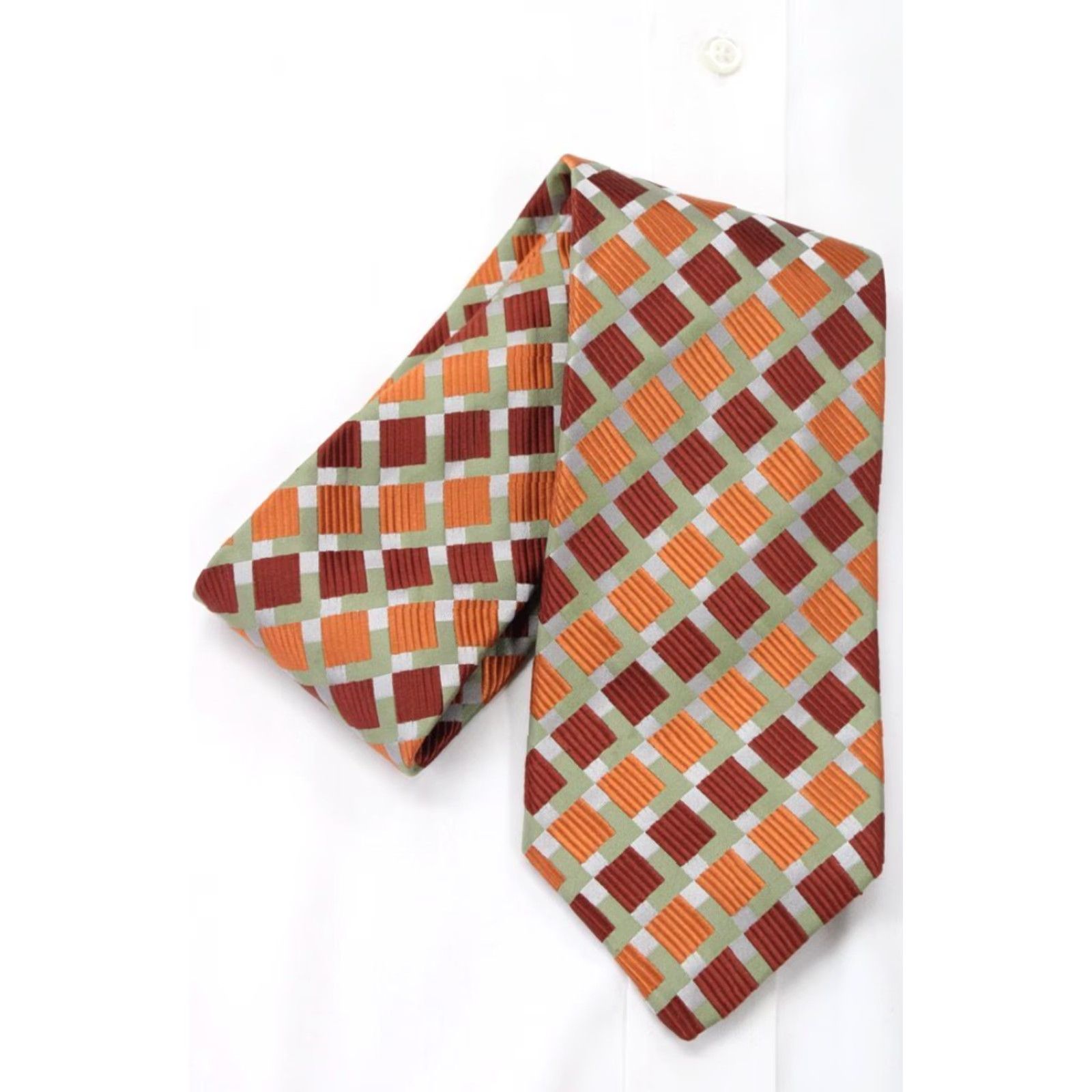 Vintage XMI Necktie Men Orange Rust Squares Geometric Designer Silk Classic 57"-60" One Size USA Men's Tie 100% Silk Adjustable Handmade Vintage Size ONE SIZE - 5 Thumbnail