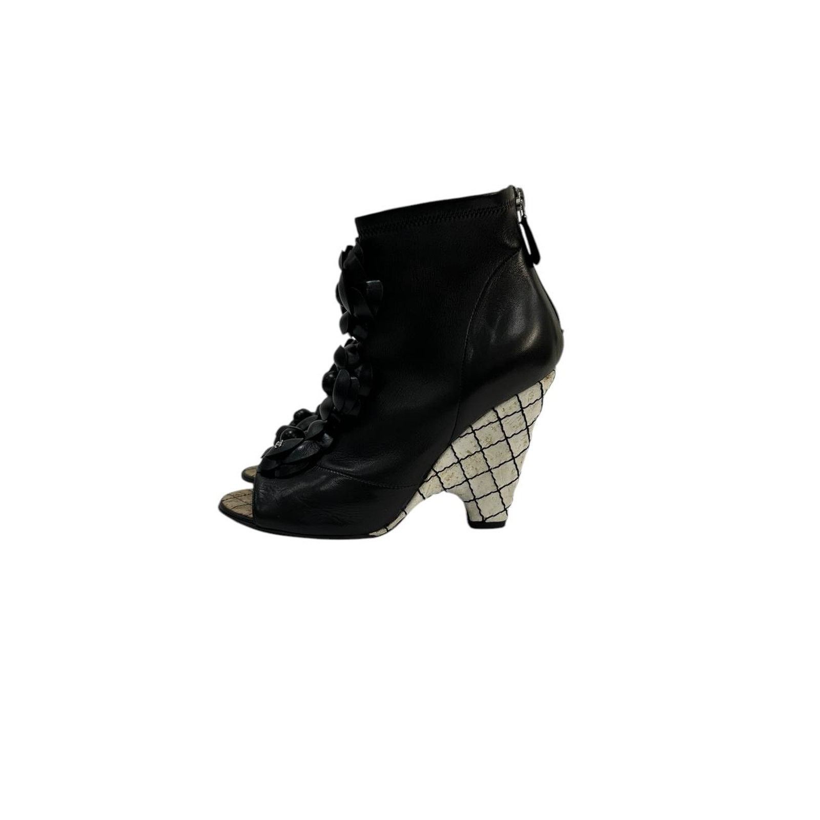 Chanel Open-Toe Leather Floral Wedge Heel Booties Sz. 38.5