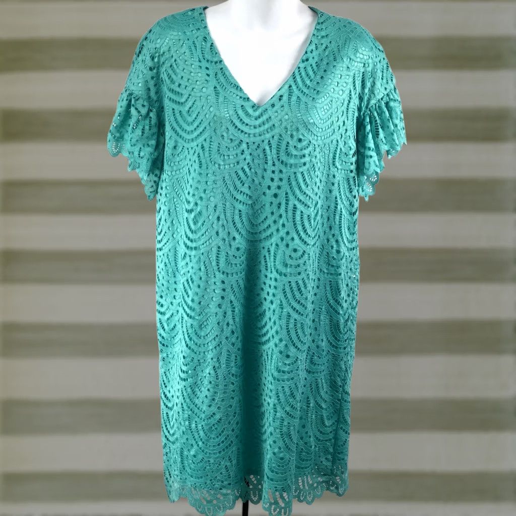 Worthington NWT Worthington dress S aqua V-Neck Flutter Short Sleeve Knee Length Scallop Hem Cut Out Lace Dress Womens Size S / US 4 / IT 40 - 1 Thumbnail