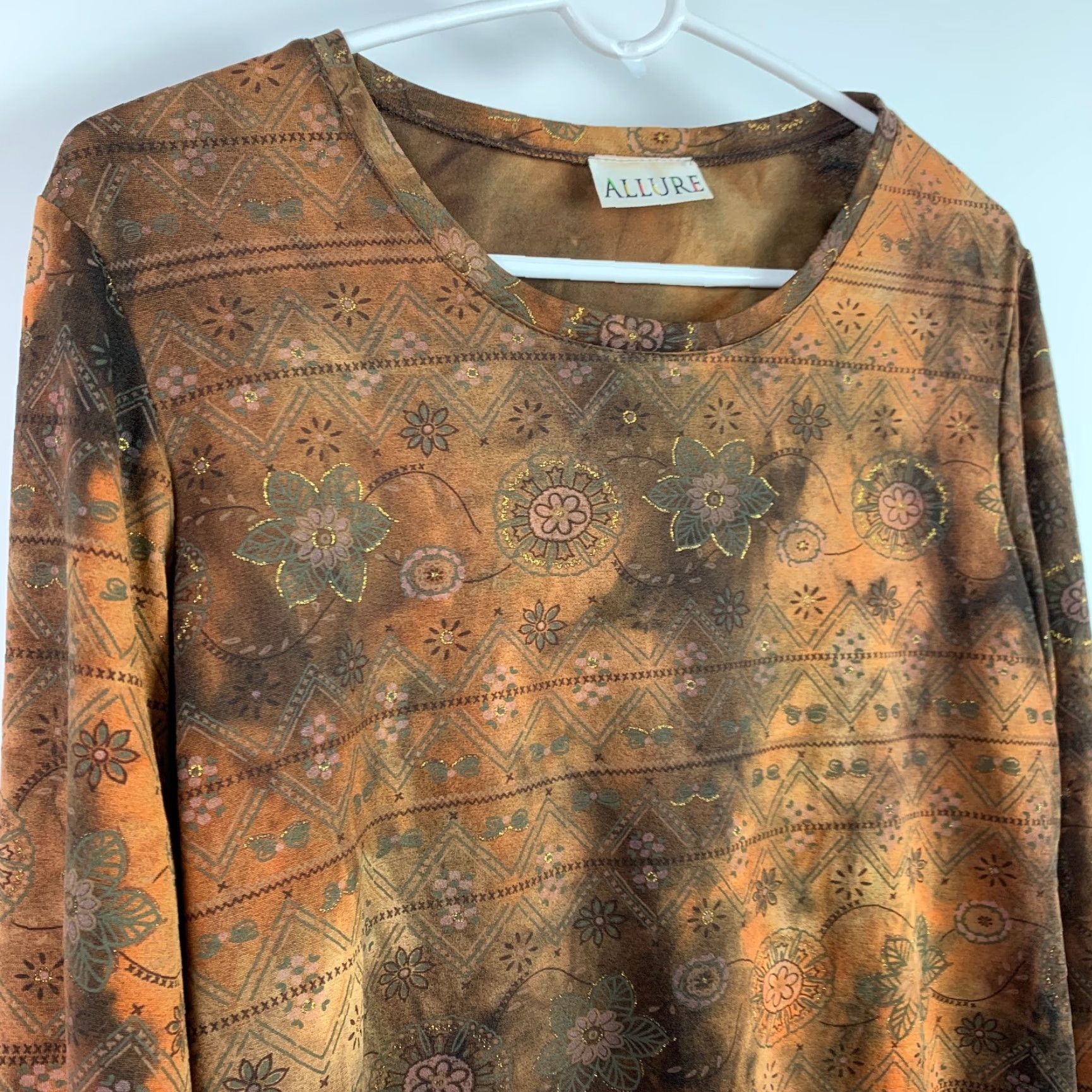 Vintage Y2K 90s Allure Stretchy Tie Dye Floral Long Sleeve Tee Shirt L Womens Brown T-Shirt Size L / US 10 / IT 46 - 2 Thumbnail