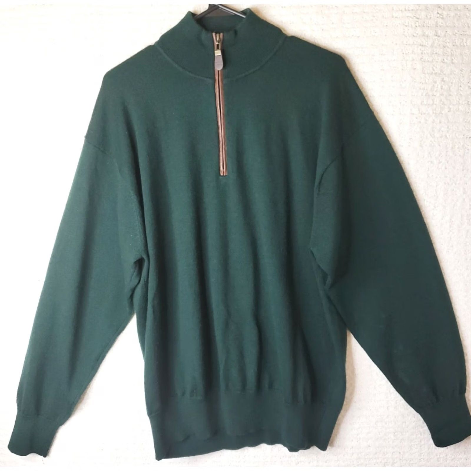 Orvis Orvis Men's L Wool Pullover Leather 1/4 Zip Mock Neck Sweater Dark Green Size US L / EU 52-54 / 3 - 2 Thumbnail