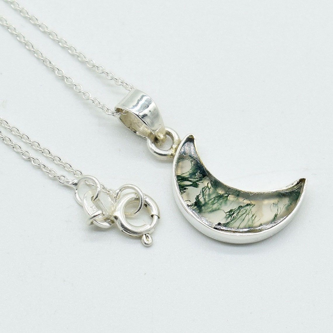 Handmade Moss Agate Moon Pendant: 925 Sterling Silver Necklace Size ONE SIZE - 4 Thumbnail