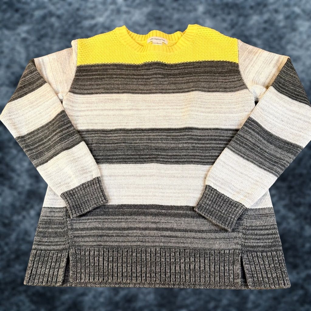 Liz Claiborne Liz Claiborne Striped Crew Neck Cotton Sweater Gray Yellow Womens M Size M / US 6-8 / IT 42-44 - 1 Thumbnail