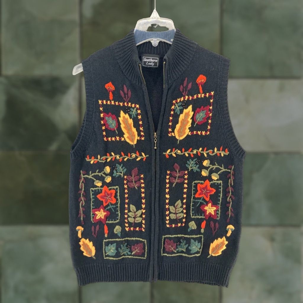Vintage VINTAGE Southern Lady Womens Vest Sweater Large Black Geometric Fall Leaves Mushrooms 90s Womens Size L / US 10 / IT 46 - 1 Thumbnail
