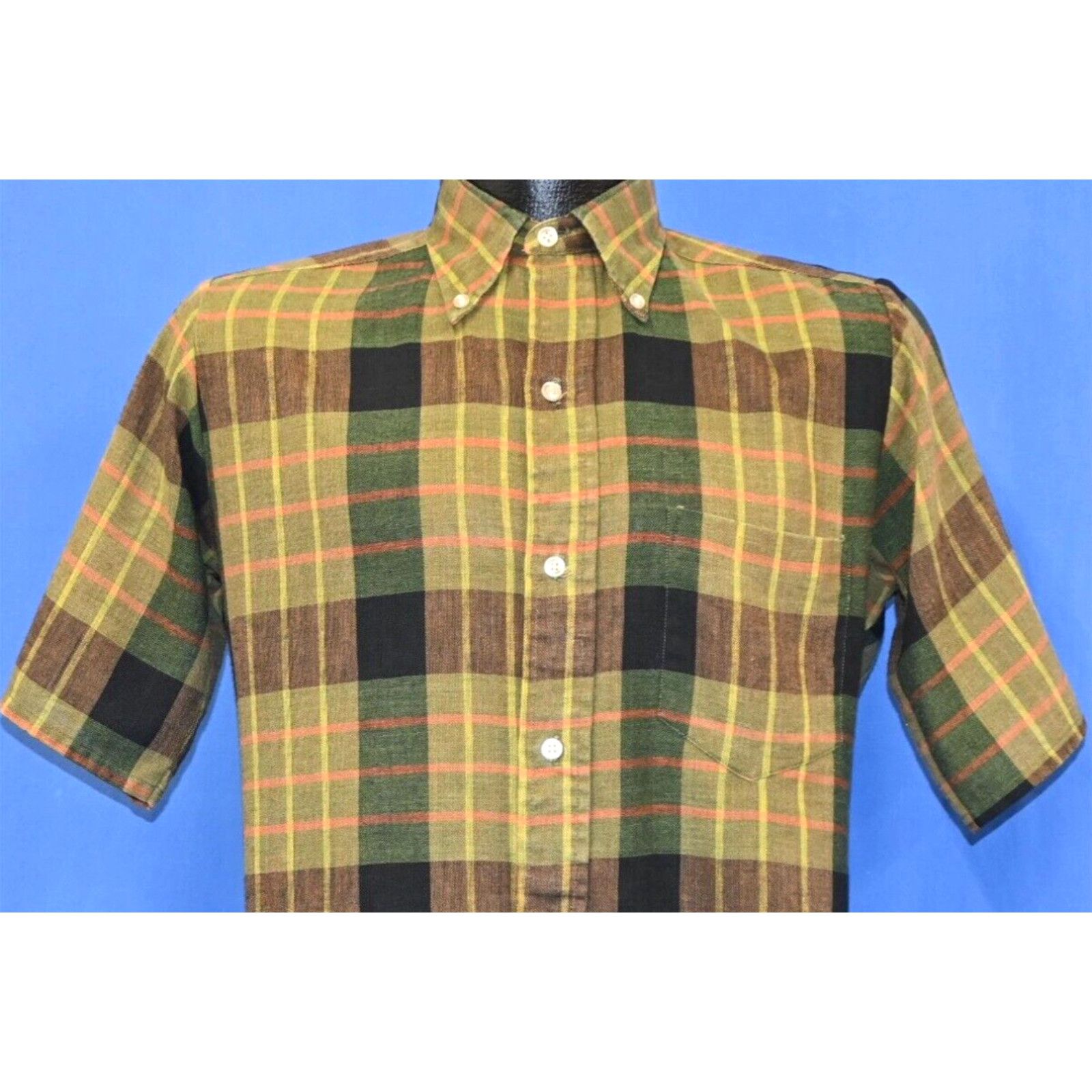 image of Vintage 60S Penneys Towncraft Green Brown Plaid Men's Button Down Shirt S in White (Size Small)