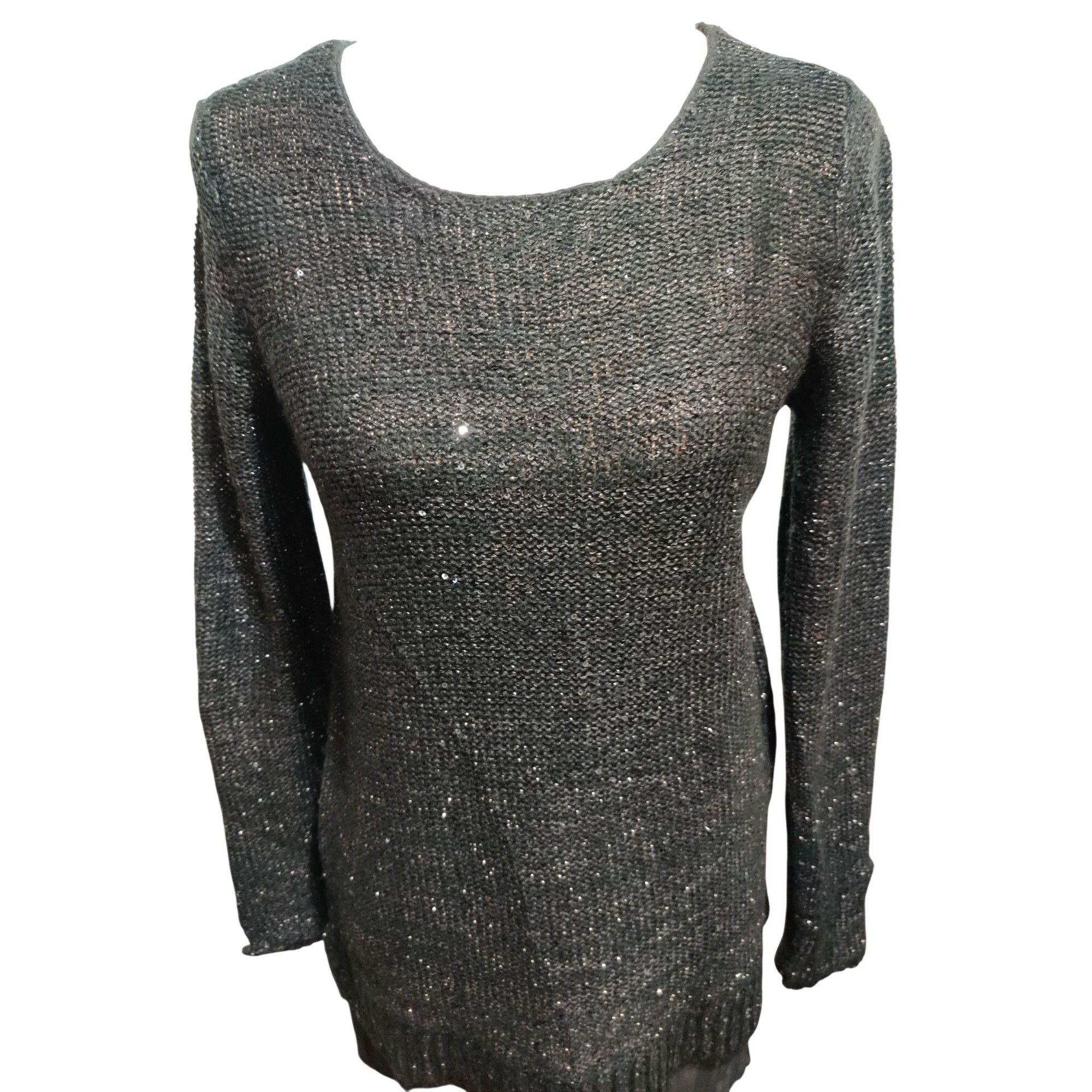 Faded Glory Black Sequin Knit Tunic Sweater Size M Sheer Hem Goth Glam S Size M / US 6-8 / IT 42-44 - 14 Thumbnail