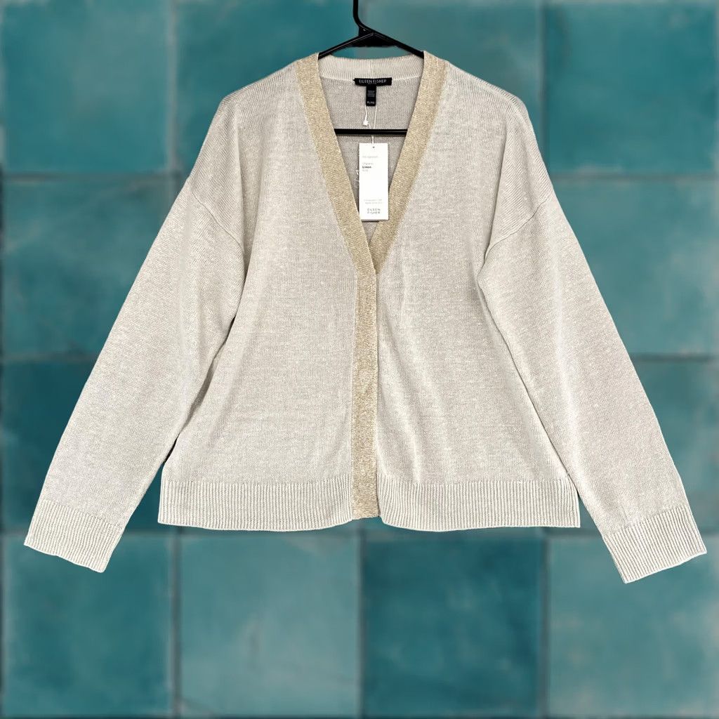 Eileen Fisher Eileen Fisher Cardigan Sweater Womens PL White Organic Linen V Neck Metallic Size L / US 10 / IT 46 - 1 Thumbnail