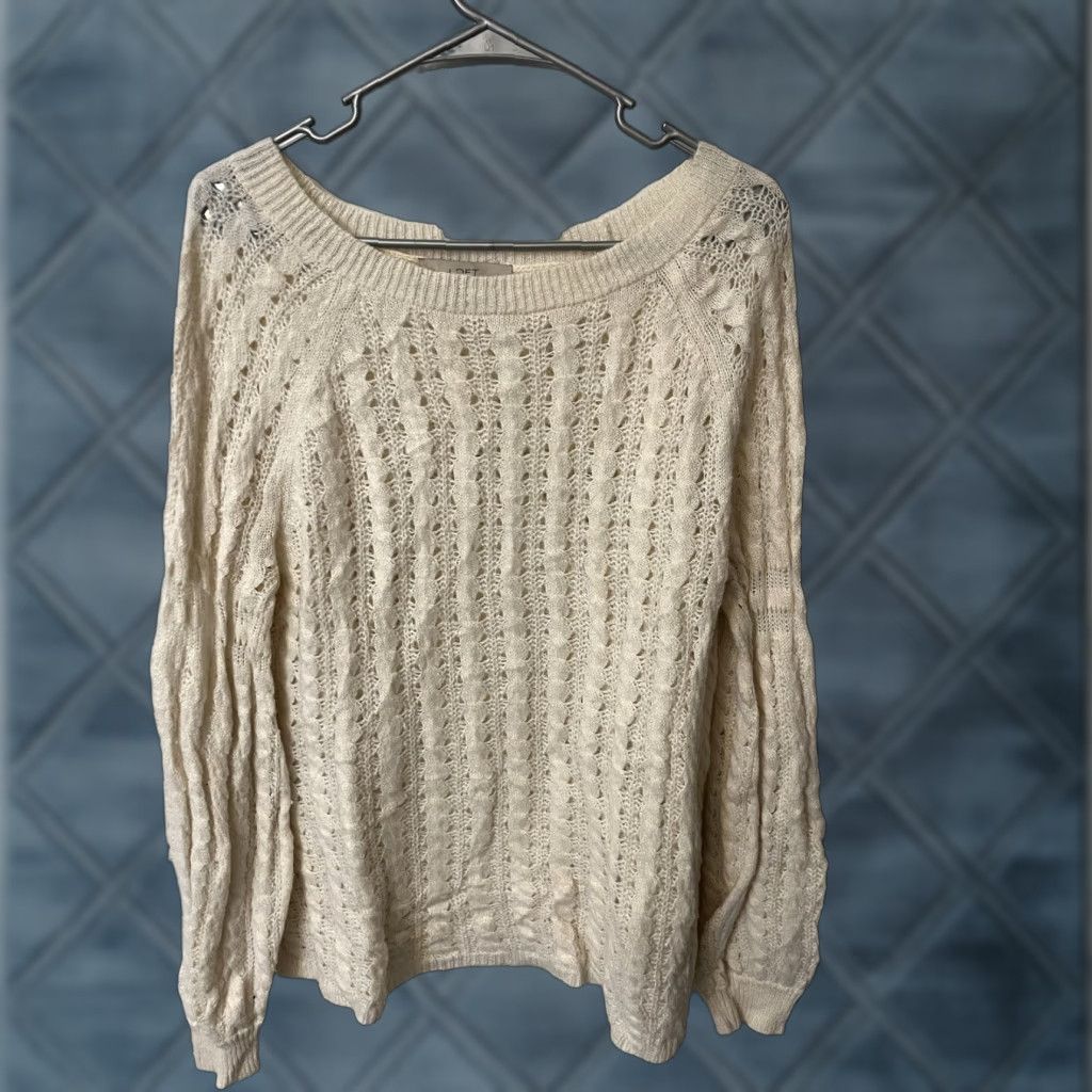 Loft LOFT Cream Open Weave Long Sleeve Cotton Blend Sweater L Womens Pullover Round Neckline Size L / US 10 / IT 46 - 1 Thumbnail