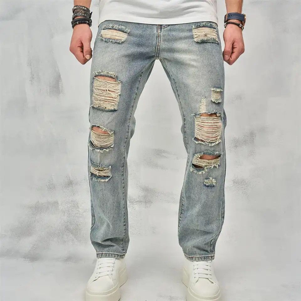 Japanese Brand × Vintage New Streetwear Men Simple Loose Ripped Straight Jeans Size US 32 / EU 48 - 2 Thumbnail