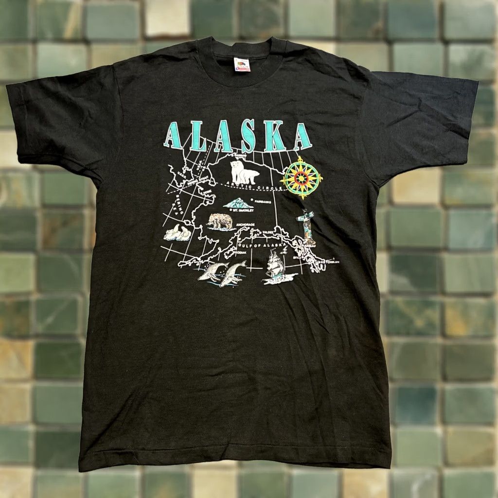 Fruit Of The Loom VINTAGE Fruit Of The Loom Alaska State Map T Shirt Mens L Black Single Stitch Mens L Size US L / EU 52-54 / 3 - 1 Thumbnail