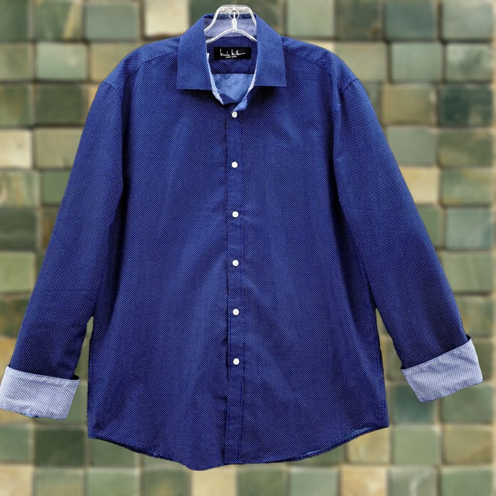 Nicole Miller Nicole Miller Dress Shirt Men's M 15-15.5 Blue Polka Dot Flip Cuff Office Preppy Shirt Dress Shirt Mens M 15-15.5 Blue Polka Dot Flip Cuff Size 40R - 1 Thumbnail
