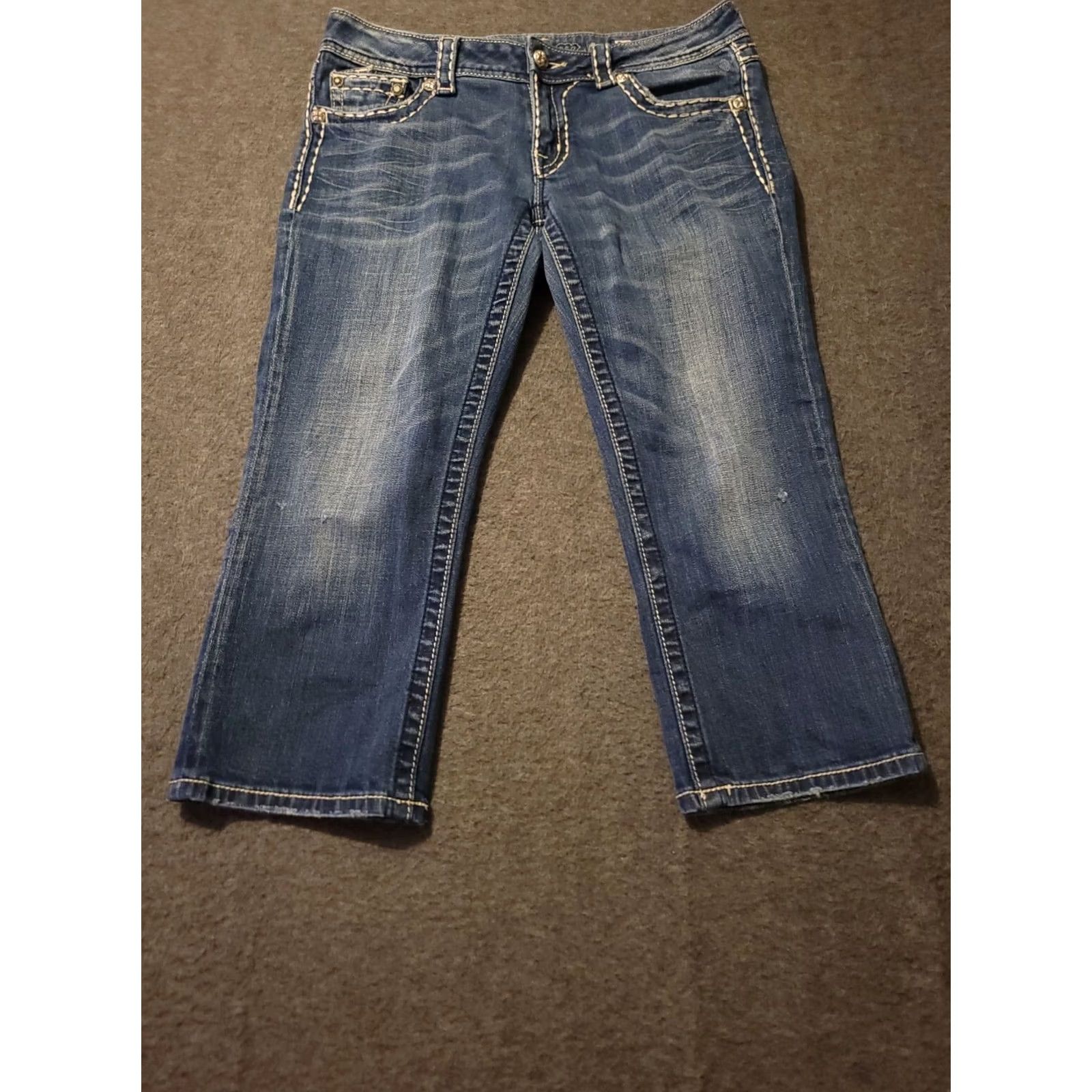 Miss Me Miss Me Cropped Jeans Women's 29 Low Rise Blue Stretch Denim Button Embroidered Rhinestone Pockets Distressed Regular Inseam 20" Jeans Womens Size 29" - 2 Thumbnail