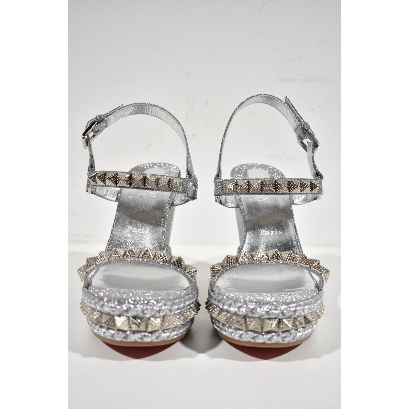 Christian Louboutin Pyraclou 110 Silver Glitter Platform Wedge Sandal Heel 38 Size US 8 / IT 38 - 6 Thumbnail