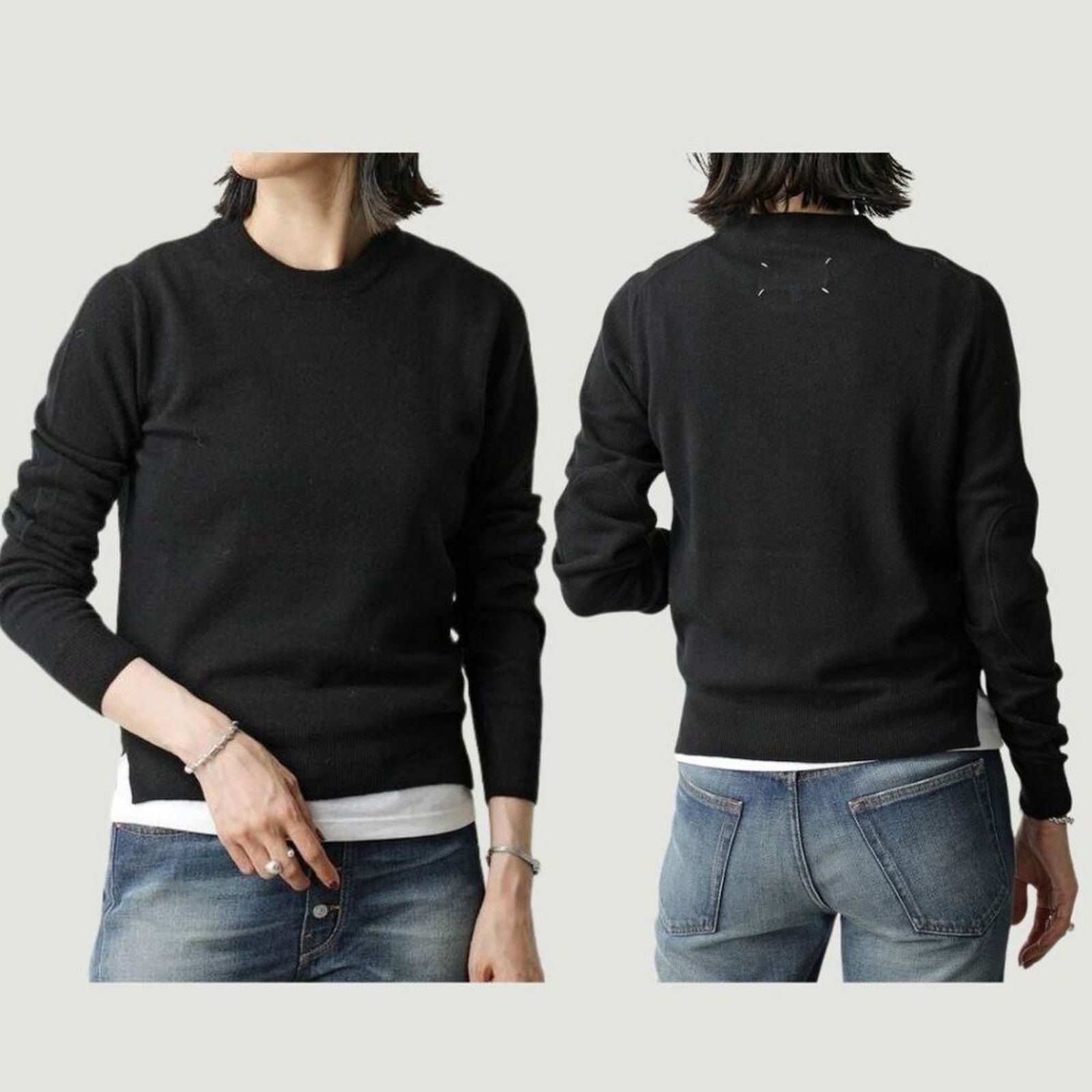 image of Maison Margiela Black Crewneck Elbow Patch Sweater Small, Women's