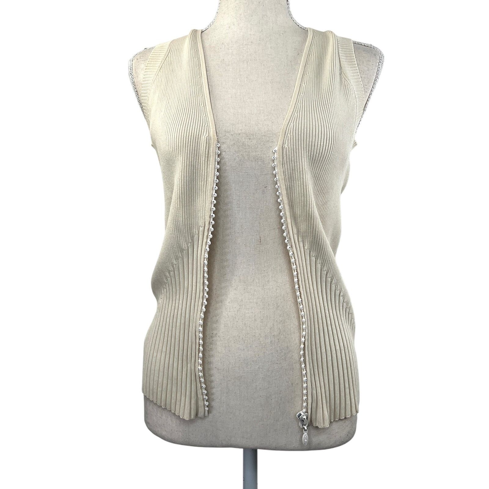 Vintage 90s Cache Ribbed Silk Top Sleeveless Rhinestone Zipper Size L / US 10 / IT 46 - 7 Thumbnail