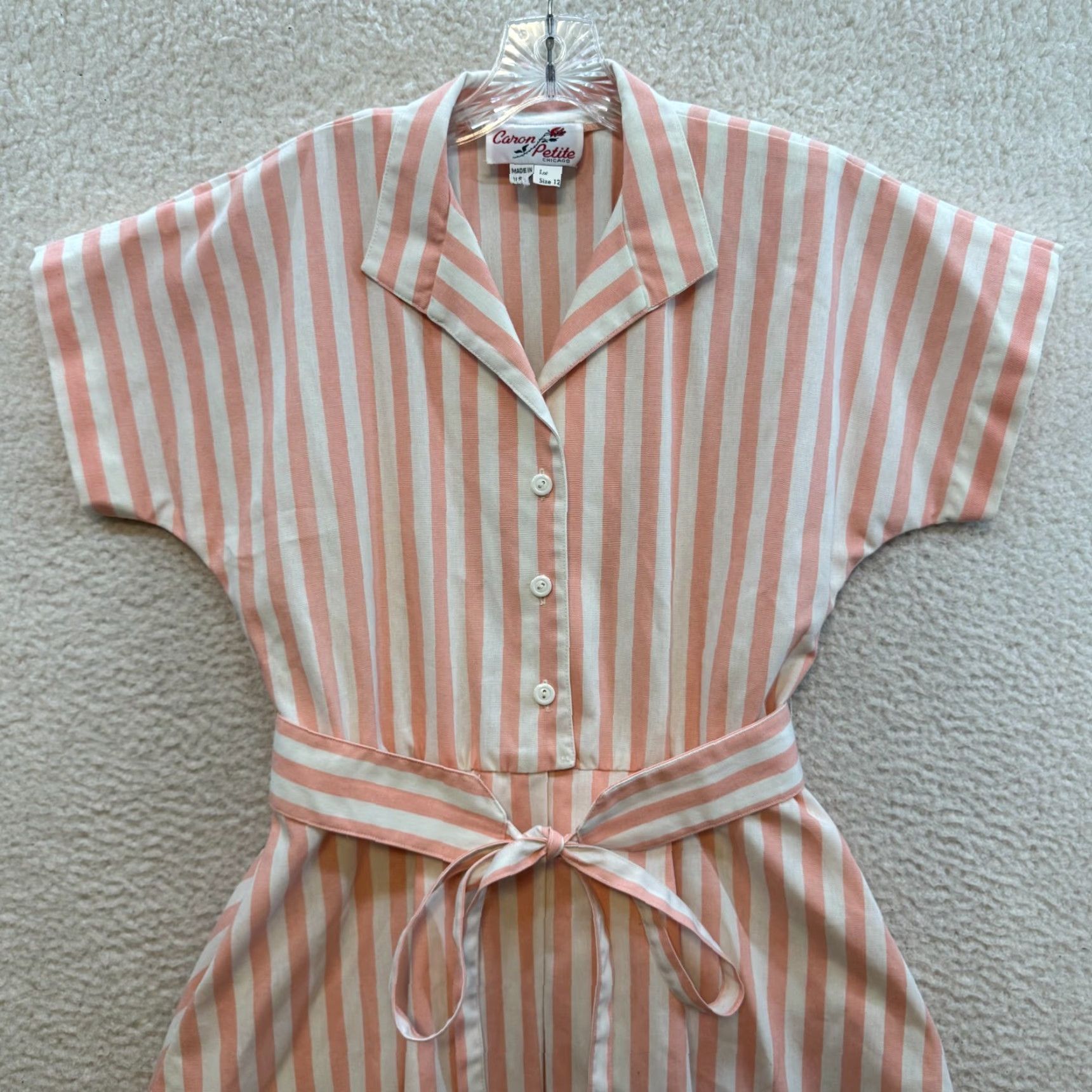 Pinko VINTAGE 1960s Dress Large 12 Salmon Pink Vertical Striped Rockabilly Caron Brand Womens Size XL / US 12-14 / IT 48-50 - 3 Thumbnail