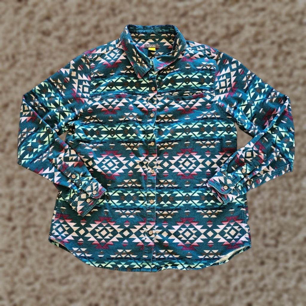Vintage Cabelas Top Shacket Womens Large Green Teal Flannel Button Southwest Western Shirt Size L / US 10 / IT 46 - 1 Thumbnail