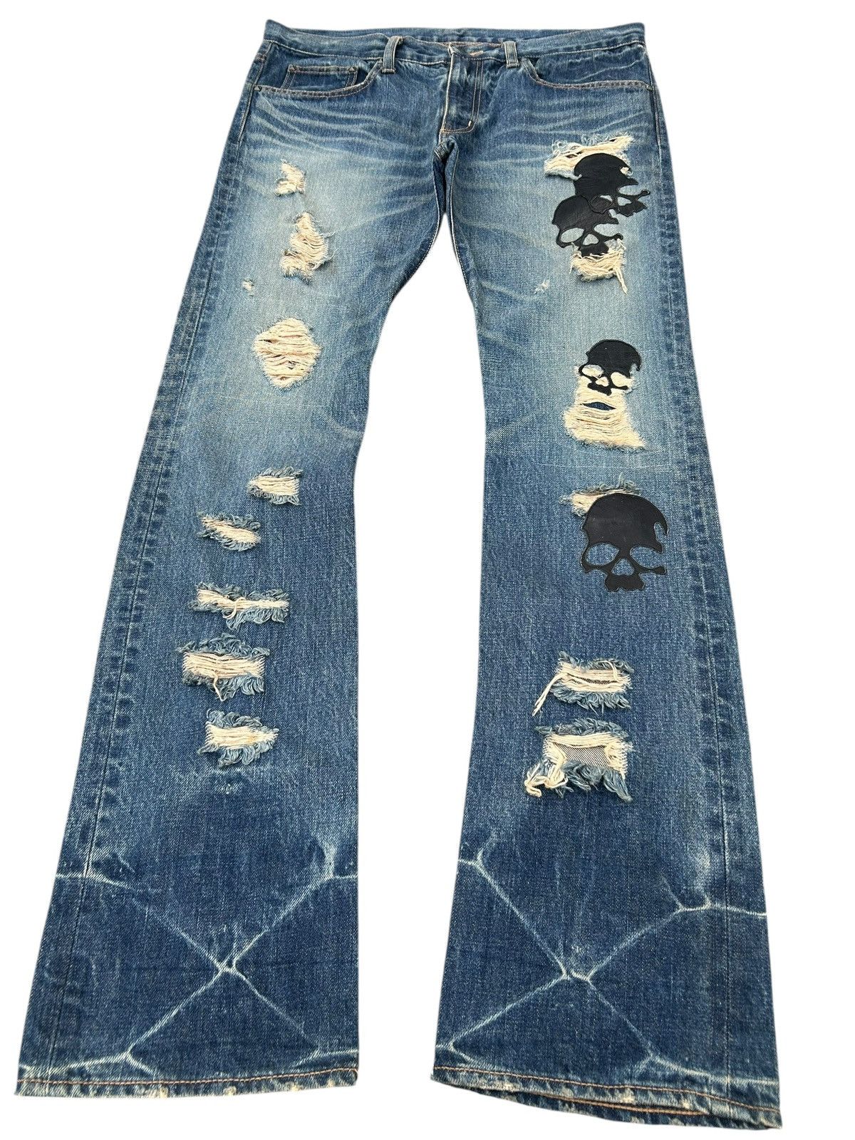 Kapital Flare Skull Stud Muffin Japanese Punk Distressed Denim Jeans Size US 35 - 2 Thumbnail