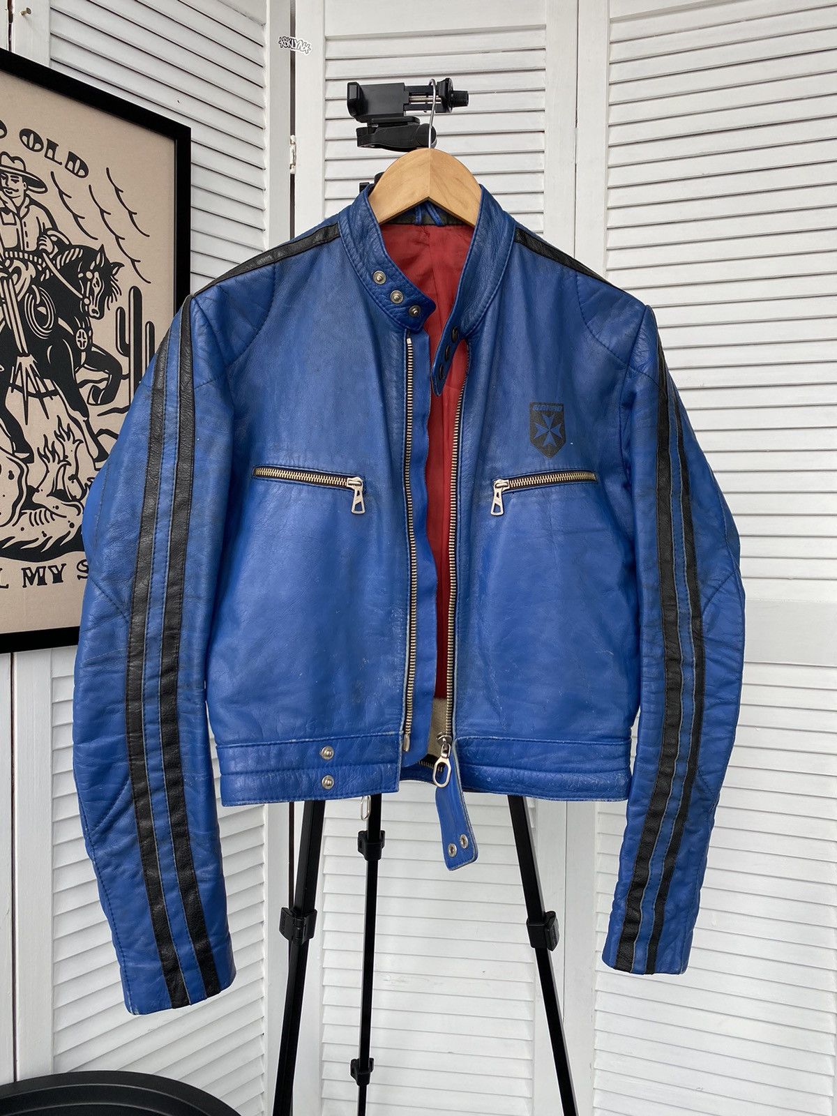 image of Leather Jacket x Racing Vintage Harro Leather Race Jacket Racing Moto Y2K Cropped in Blue (Size Sma