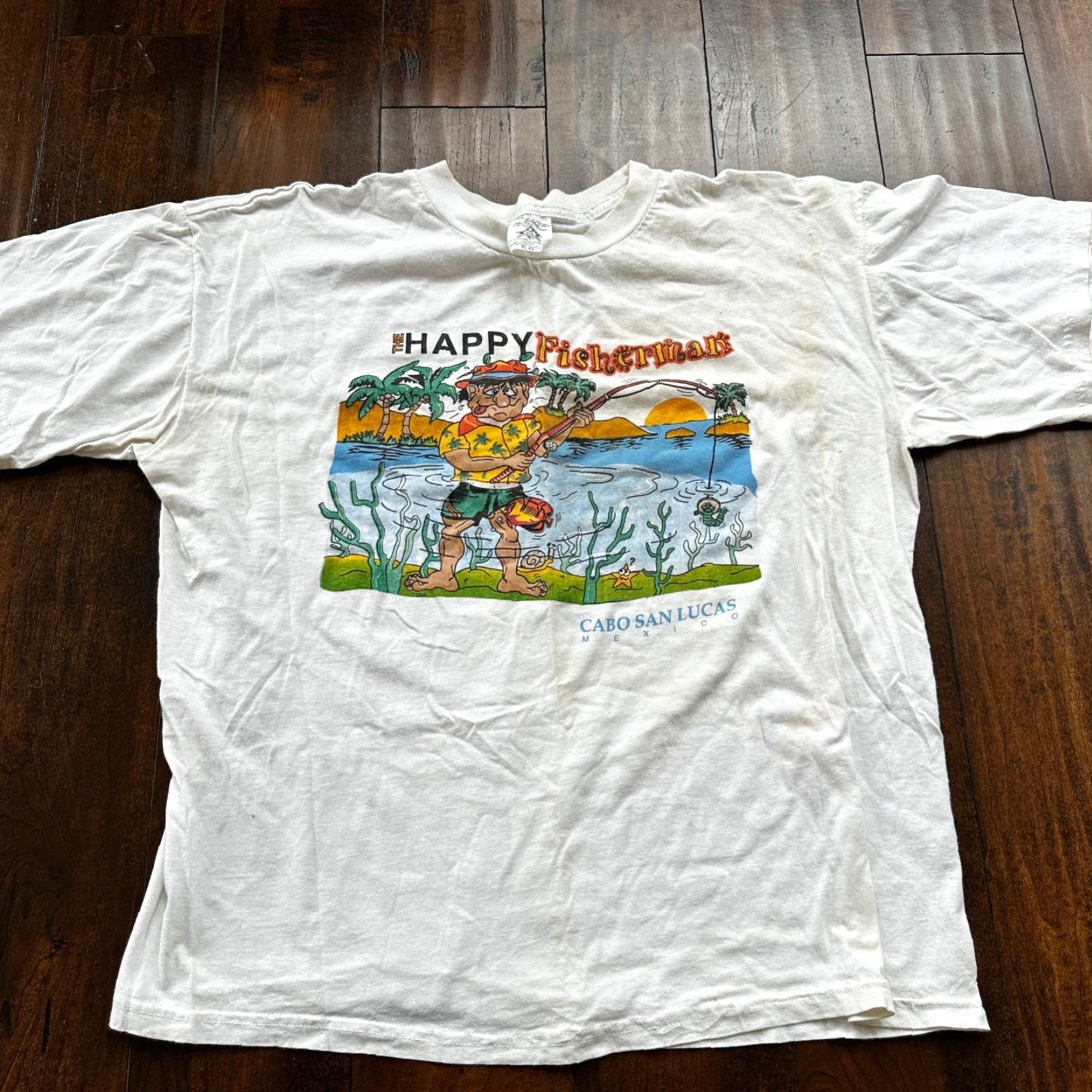 Vintage VINTAGE T-Shirt Happy Fisherman Funny Joke Humor Adult XL White - 90s Vintage Theme Mens Tee Size US XL / EU 56 / 4 - 6 Thumbnail