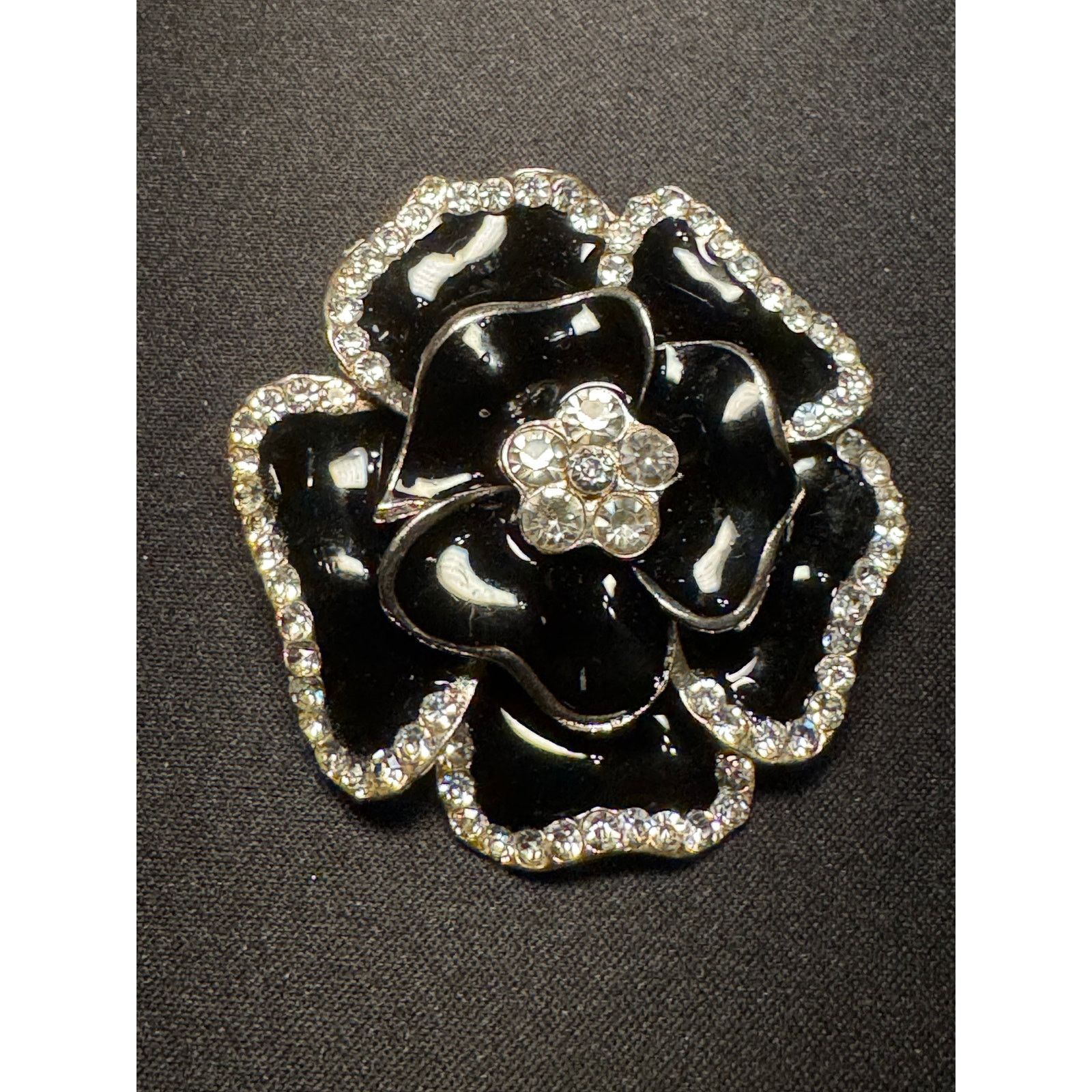 Other Large Black & Silver Enamel with Crystals Flower Brooch Size ONE SIZE - 1 Thumbnail