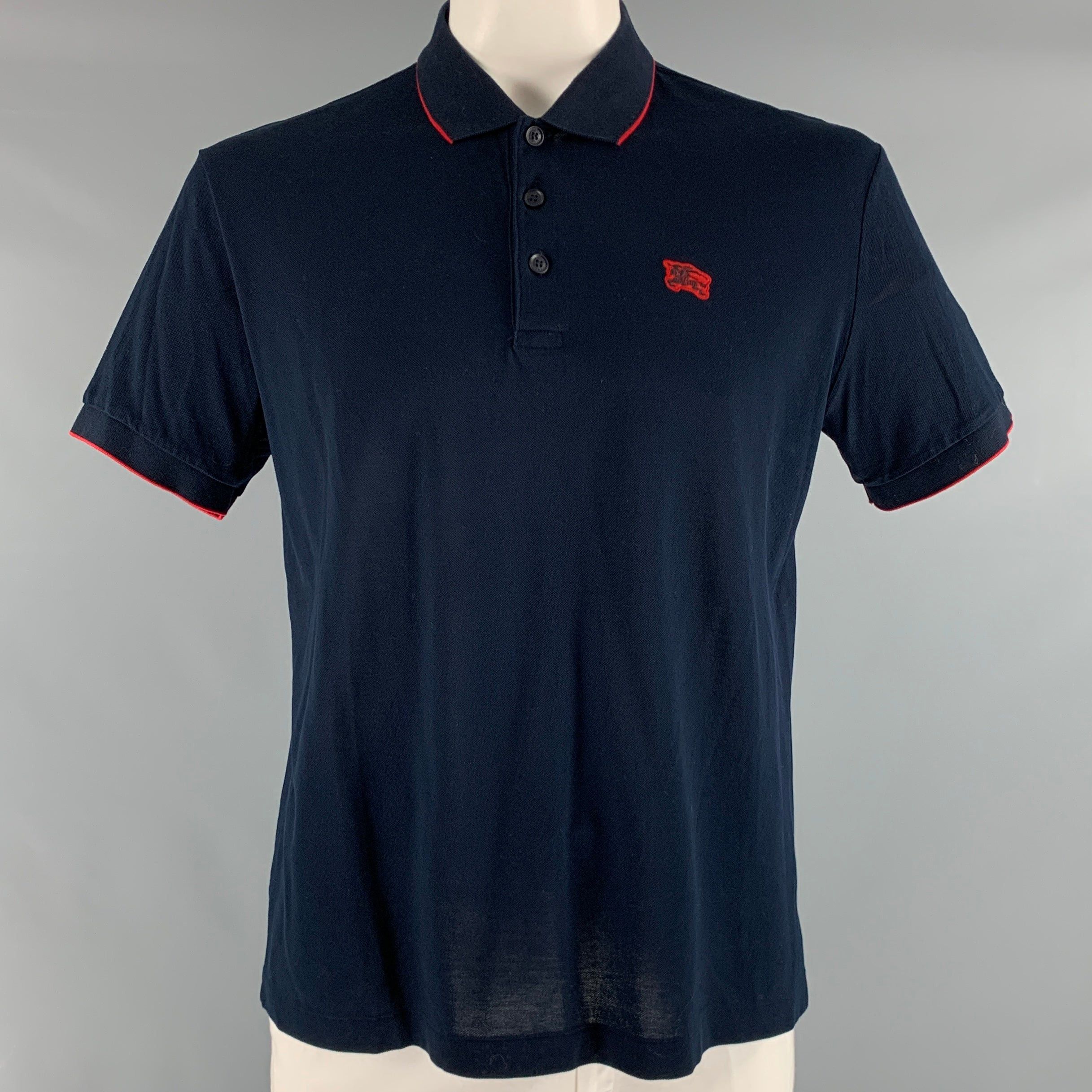 image of Burberry Navy Red Contrast Trim Short Sleeve Polo, Men's (Size XL)