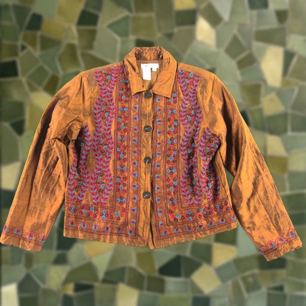 Coldwater Creek VINTAGE Coldwater Creek Silk Blouse Embroidered Floral Collared Button Up Silk Blouse S Brown Blue Red Womens Dress Shirt Size S / US 4 / IT 40 - 1 Thumbnail