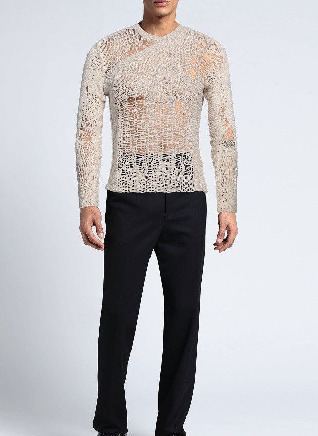 image of Rick Owens Fogachine Ziggy Net Banana Knit Deconstructed Sample Sweater in White (Size Medium)