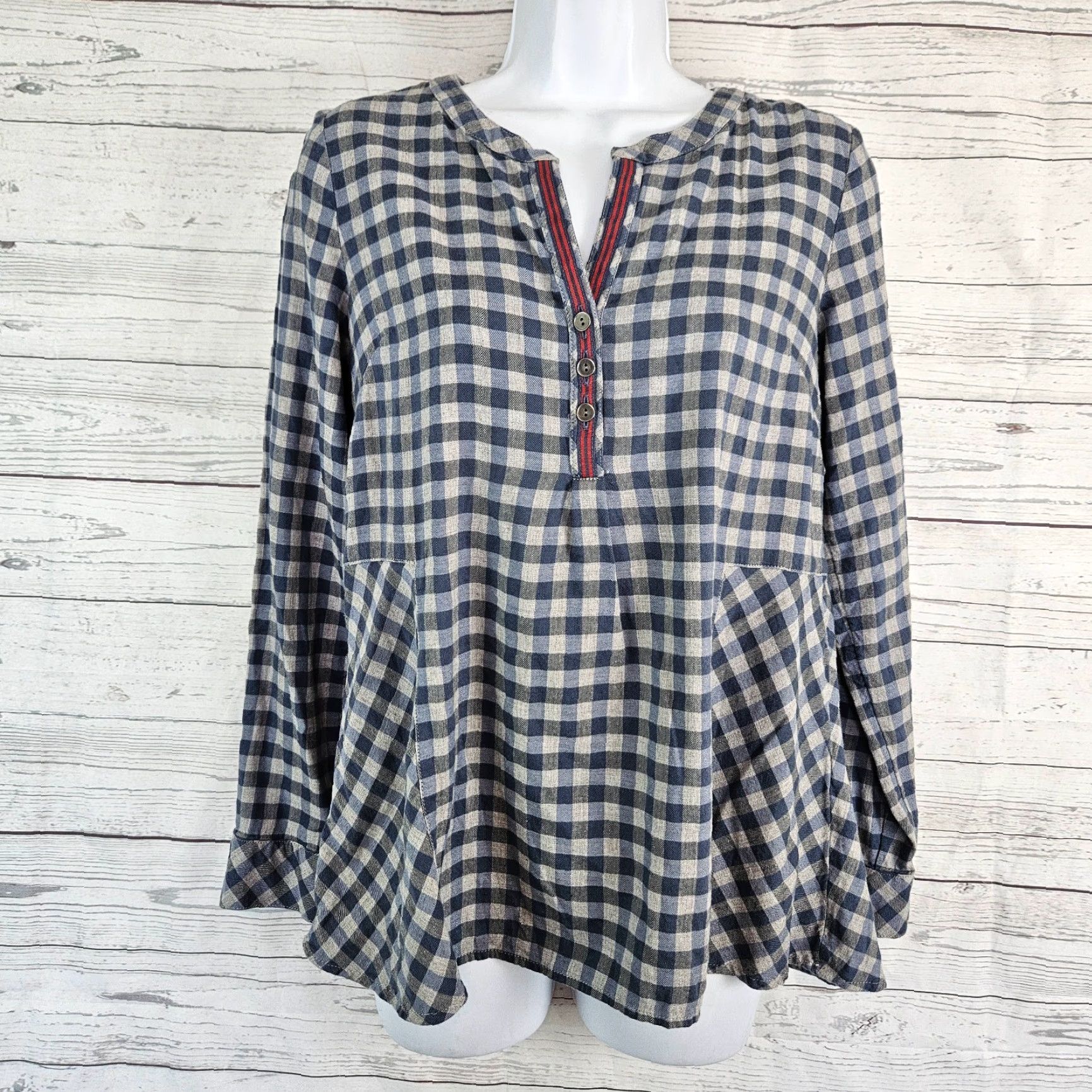 J. Jill J Jill Womens Top XS Gray Blue Checkered Long Sleeve Cotton Blend Blouse Size XS / US 0-2 / IT 36-38 - 2 Thumbnail