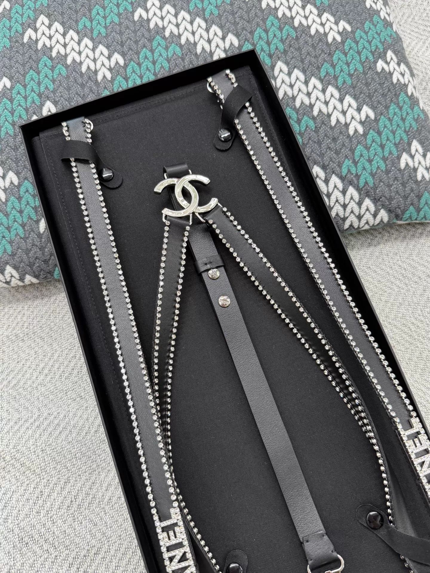 Chanel Chanel Black Rhinestone Logo Leather Suspenders NIB Size ONE SIZE - 3 Thumbnail