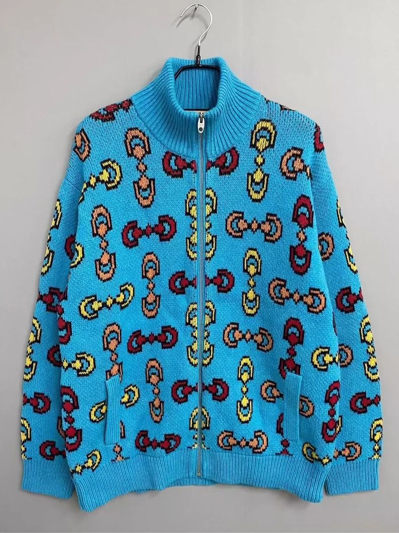 Gucci Blue Logo Knit Zipper Sweater Jacket-2506